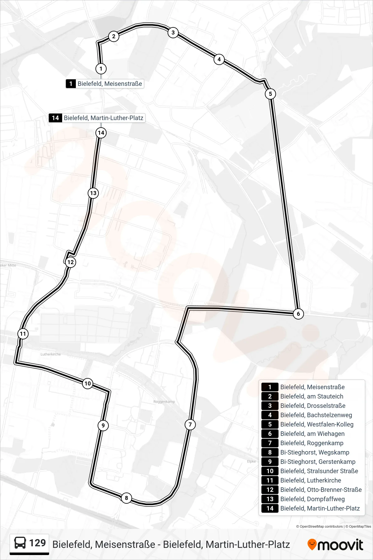 Linie 129 (Bus) Richtung Bielefeld, Martin-Luther-Platz: Route und Haltestellen auf der Karte