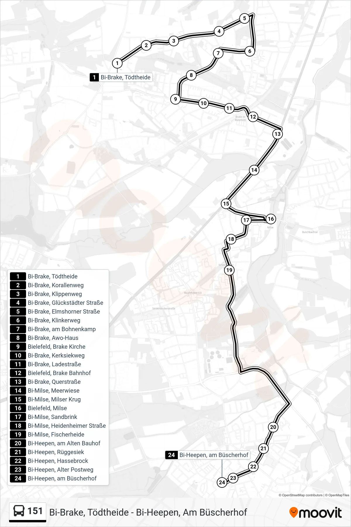 Linie 151 (Bus) Richtung Bi-Heepen, am Büscherhof: Route und Haltestellen auf der Karte