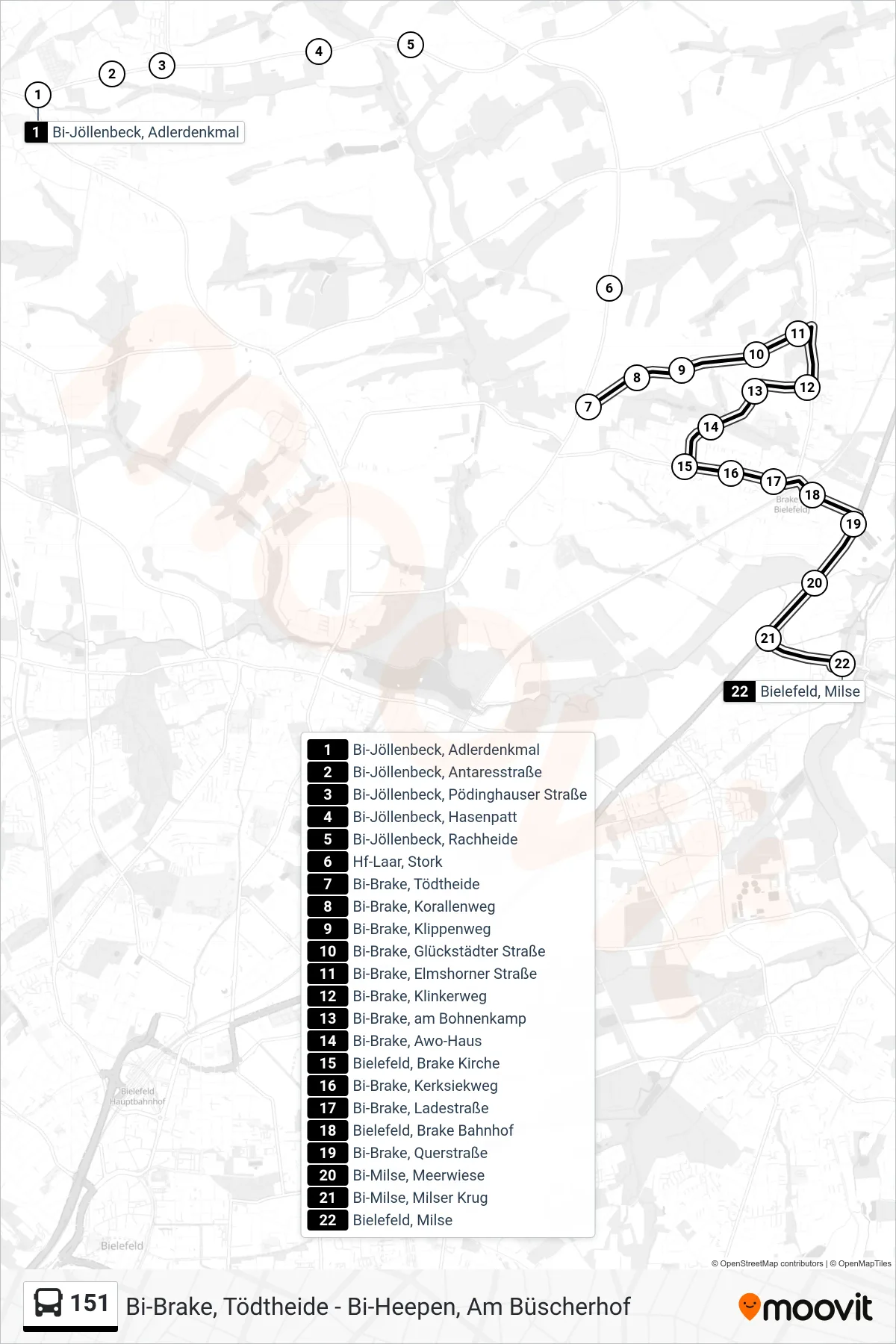 151 bus Line (Bielefeld, Milse) route and stops on a map