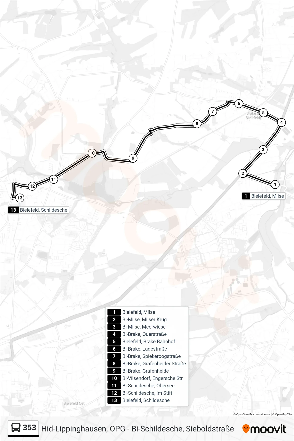 353 bus Line (Bielefeld, Schildesche) route and stops on a map
