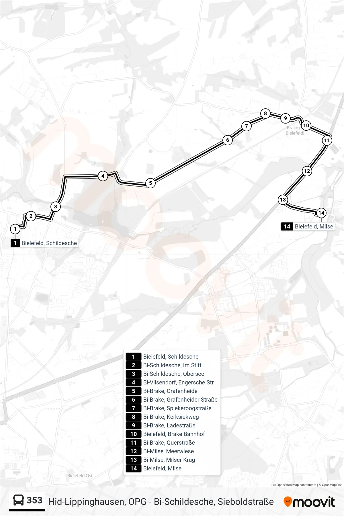 Linie 353 (Bus) Richtung Bielefeld, Milse: Route und Haltestellen auf der Karte
