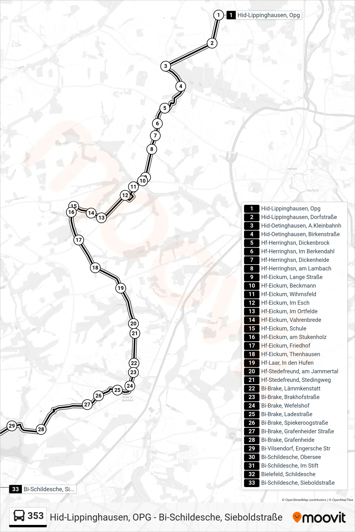 353 bus Line (Bi-Schildesche, Sieboldstraße) route and stops on a map