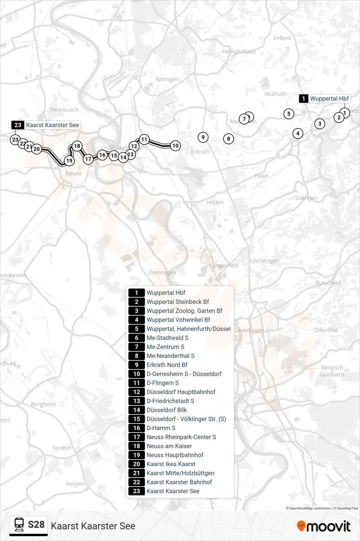 Linie S28 (Bahn) Richtung Kaarst Kaarster See: Route und Haltestellen auf der Karte