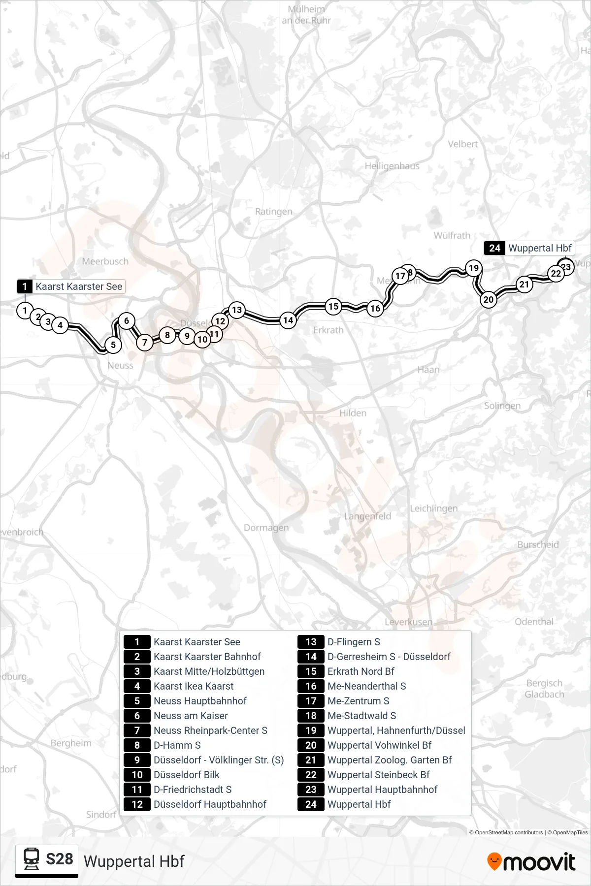 S28 train Line (Wuppertal Hbf) route and stops on a map