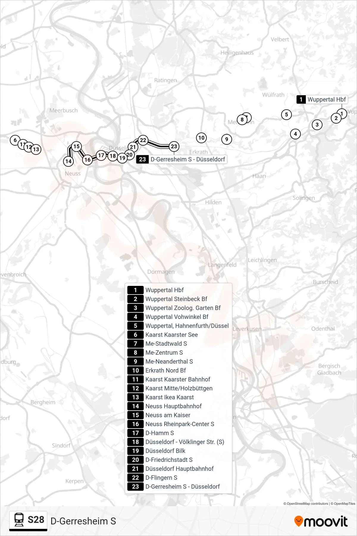 S28 train Line (D-Gerresheim S) route and stops on a map
