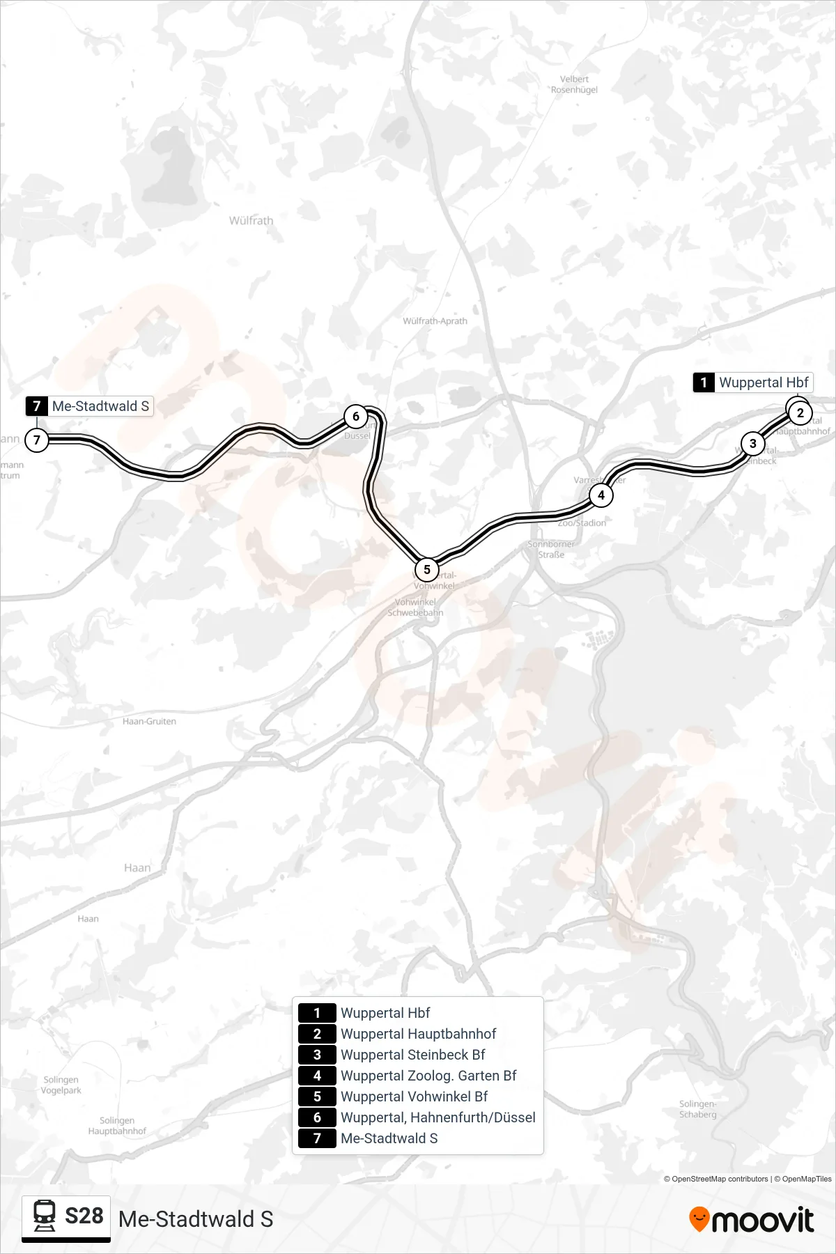 S28 train Line (Me-Stadtwald S) route and stops on a map