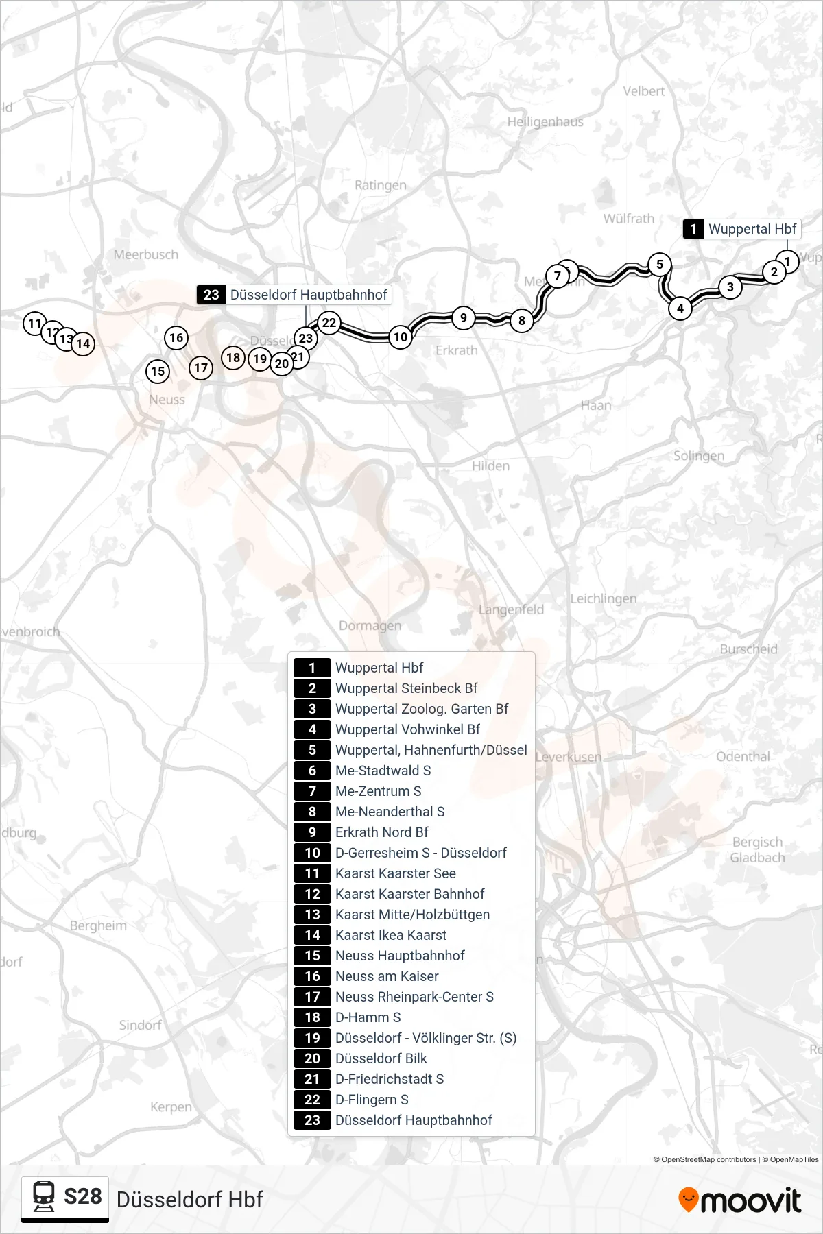 Linie S28 (Bahn) Richtung Düsseldorf Hbf: Route und Haltestellen auf der Karte