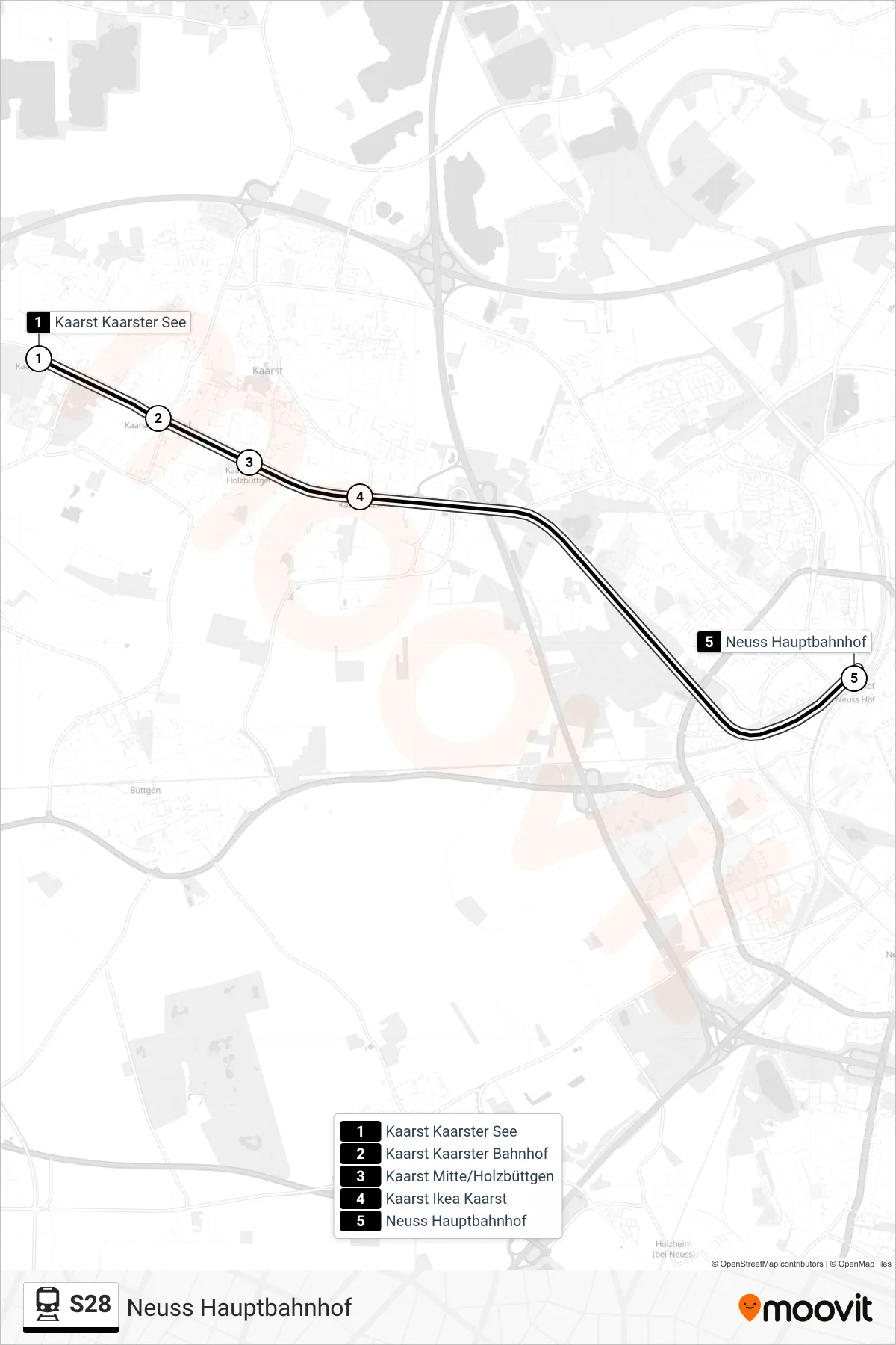 S28 train Line (Neuss Hauptbahnhof) route and stops on a map