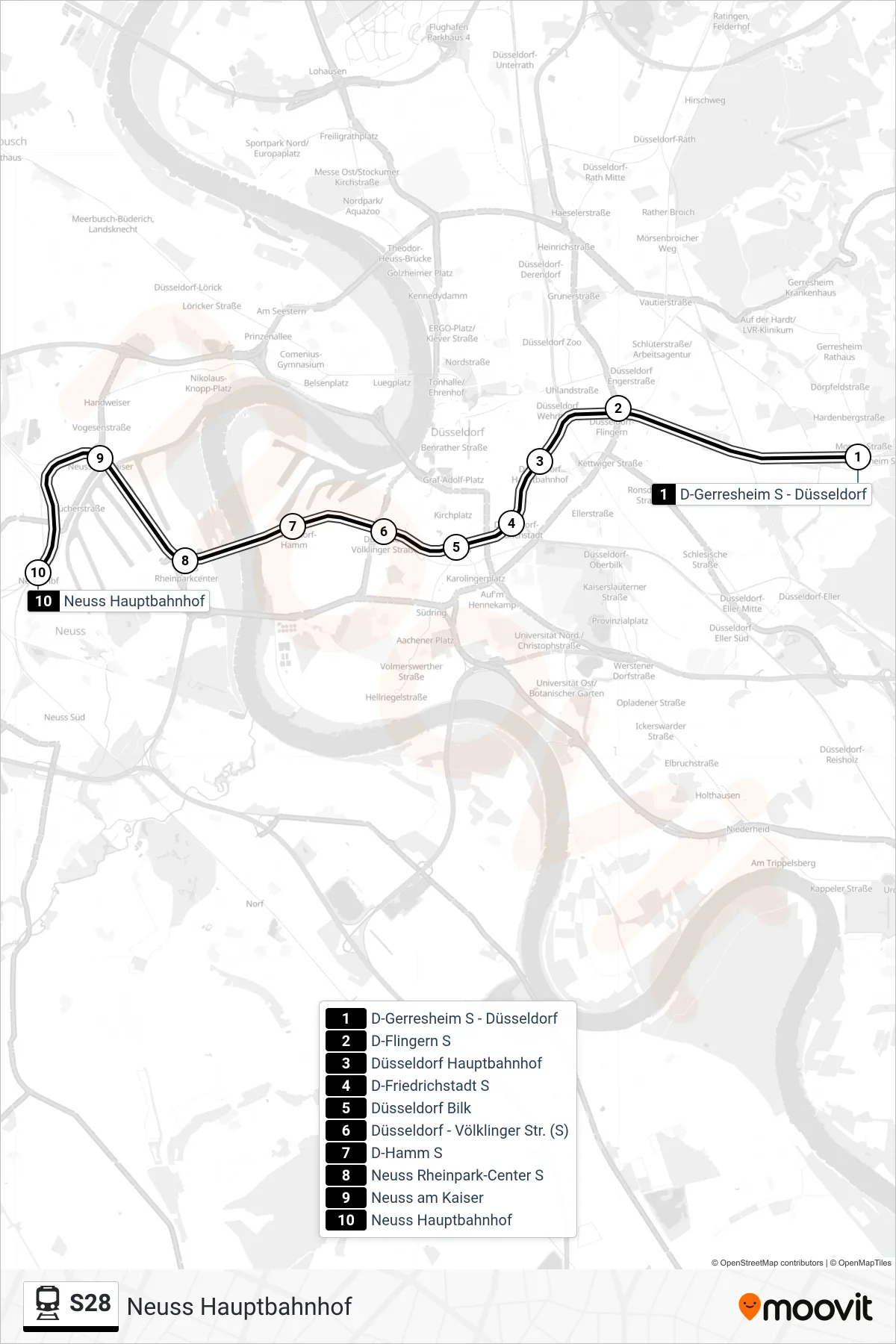Linie S28 (Bahn) Richtung Neuss Hauptbahnhof: Route und Haltestellen auf der Karte