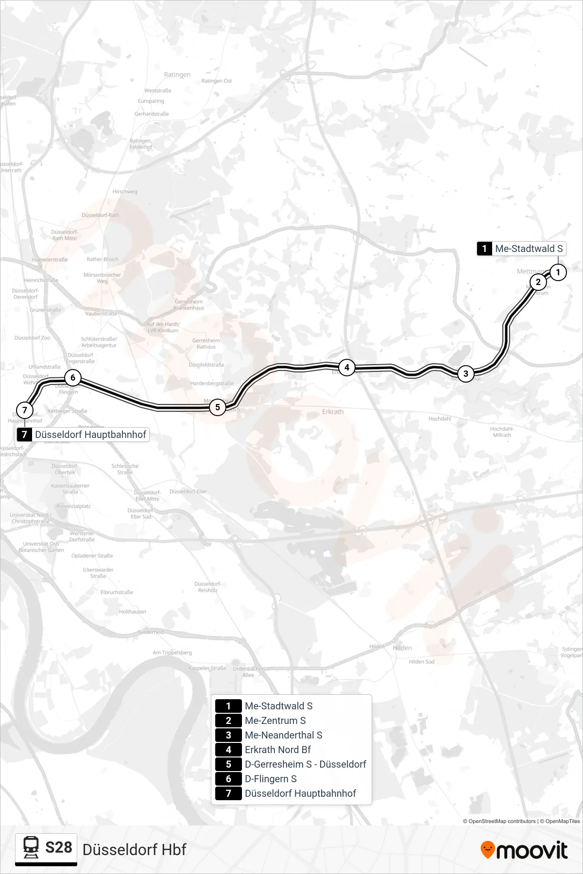 Linie S28 (Bahn) Richtung Düsseldorf Hbf: Route und Haltestellen auf der Karte