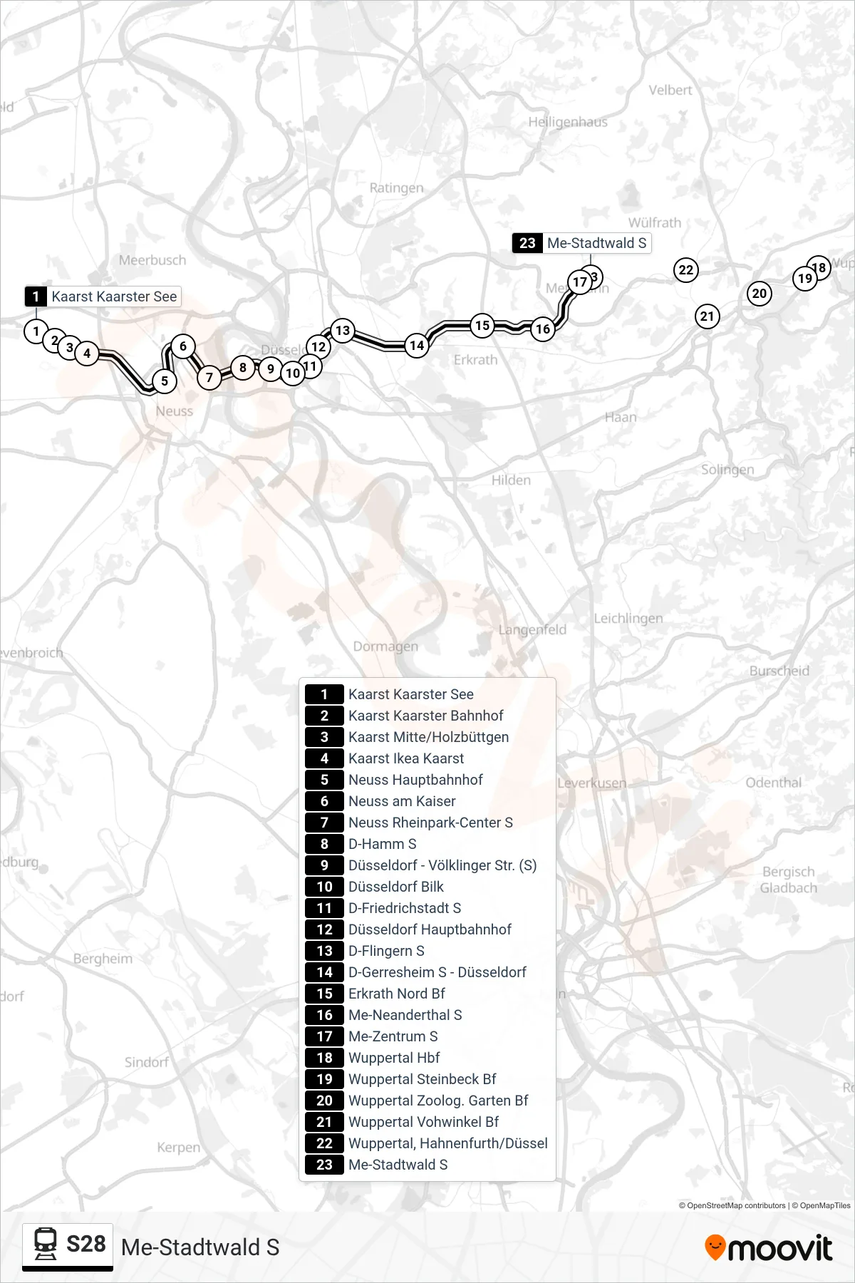 Linie S28 (Bahn) Richtung Me-Stadtwald S: Route und Haltestellen auf der Karte