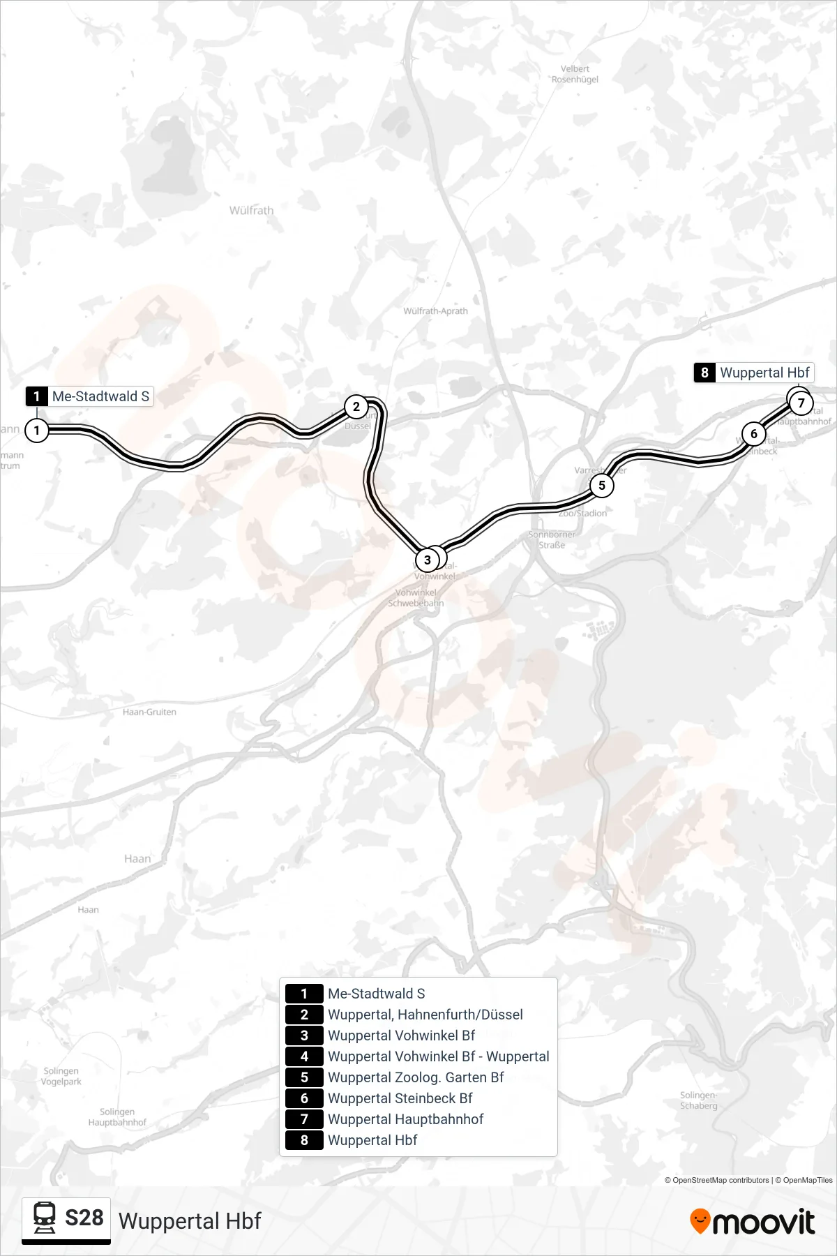S28 rail Line (Wuppertal Hbf) route and stops on a map