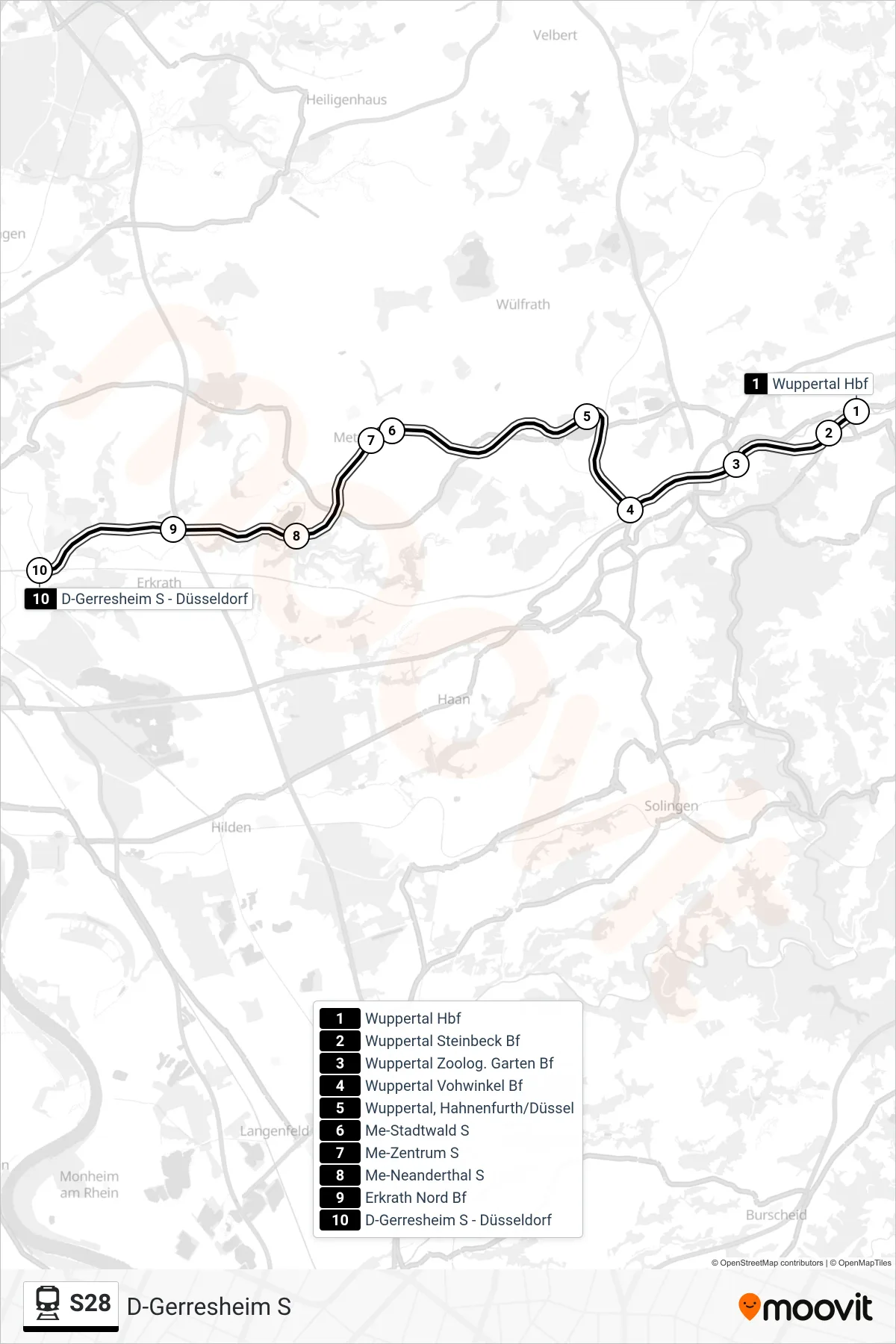 S28 train Line (D-Gerresheim S) route and stops on a map