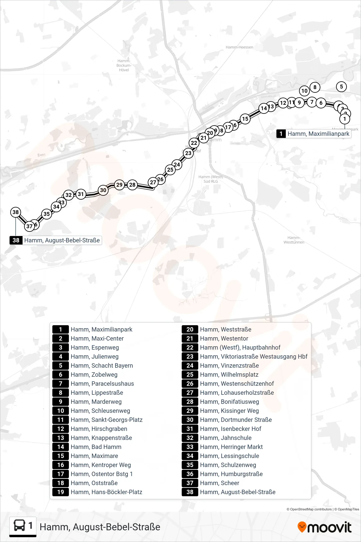 Linie 1 (Bus) Richtung Hamm, August-Bebel-Straße: Route und Haltestellen auf der Karte