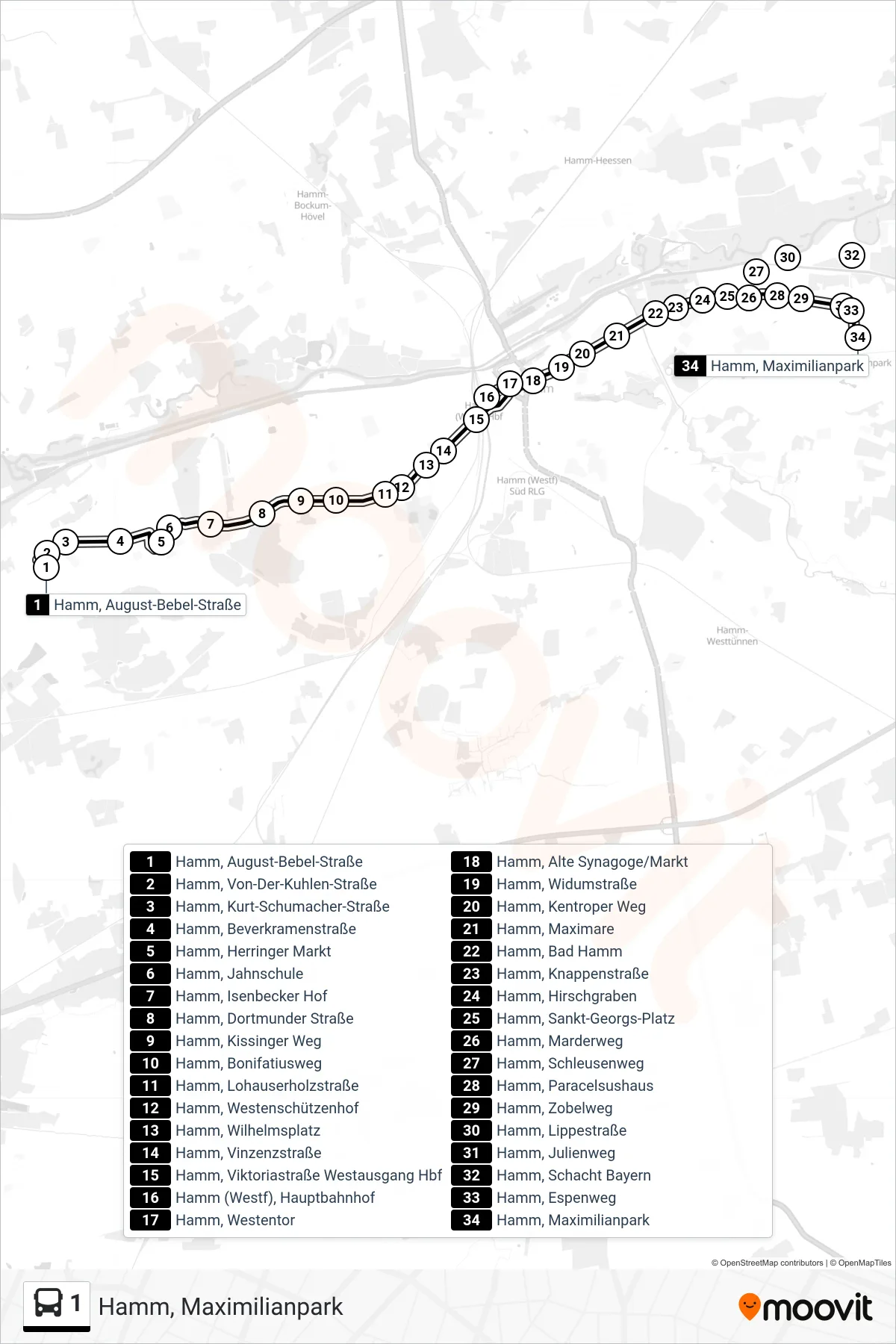 1 bus Line (Hamm, Maximilianpark) route and stops on a map