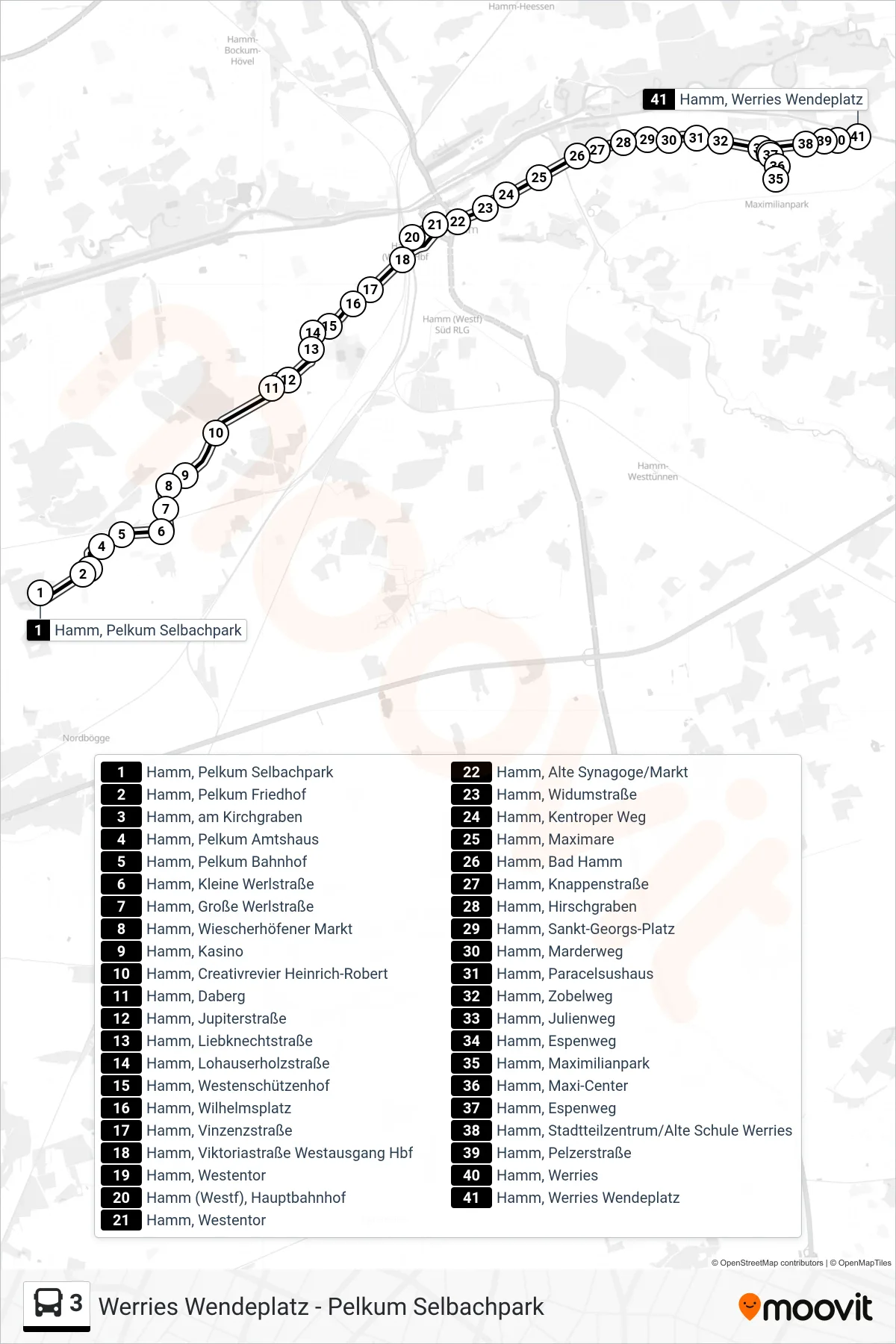 Linie 3 (Bus) Richtung Hamm, Werries Wendeplatz: Route und Haltestellen auf der Karte