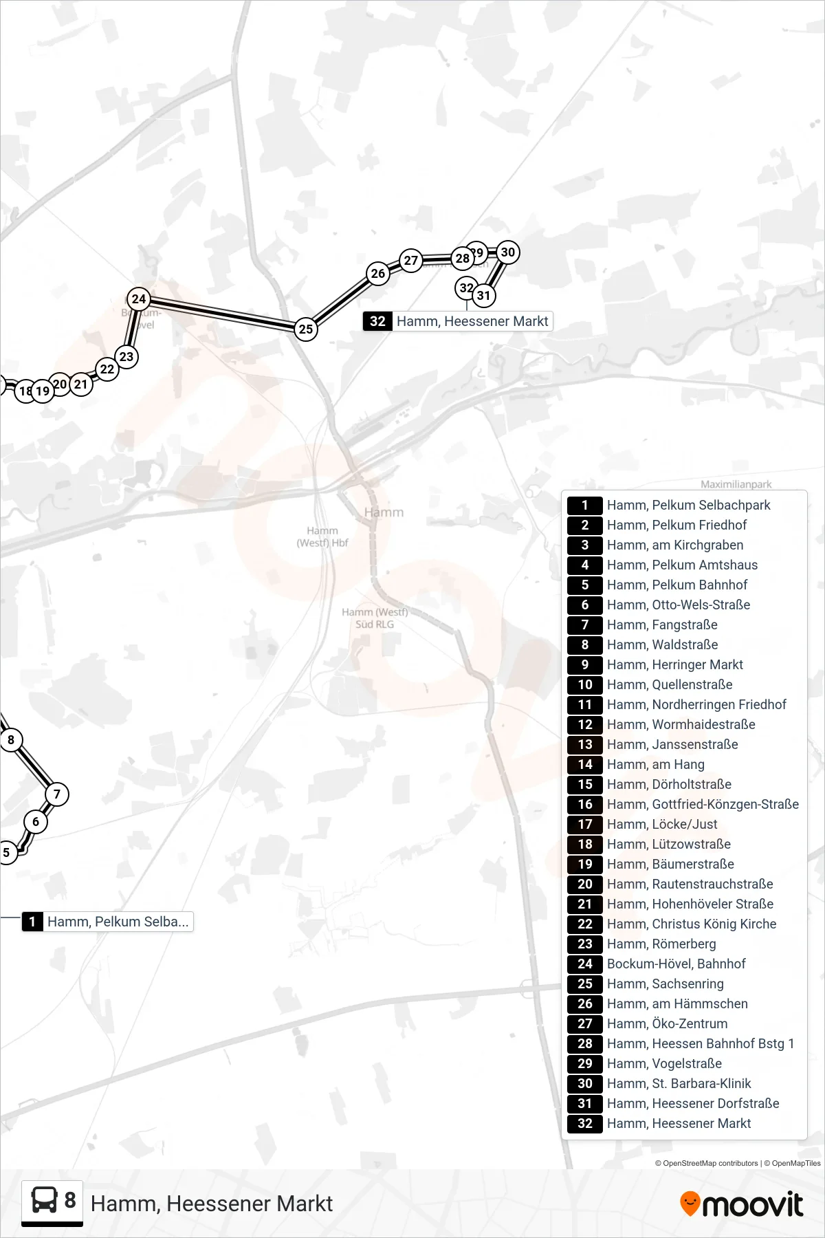Linie 8 (Bus) Richtung Hamm, Heessener Markt: Route und Haltestellen auf der Karte