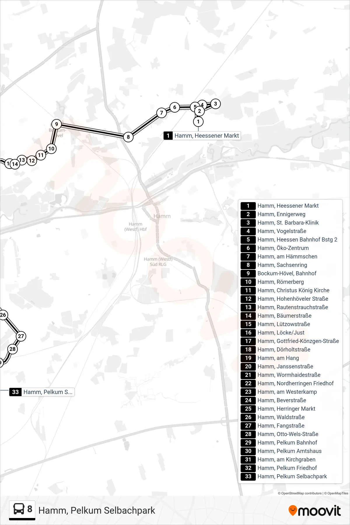 8 bus Line (Hamm, Pelkum Selbachpark) route and stops on a map