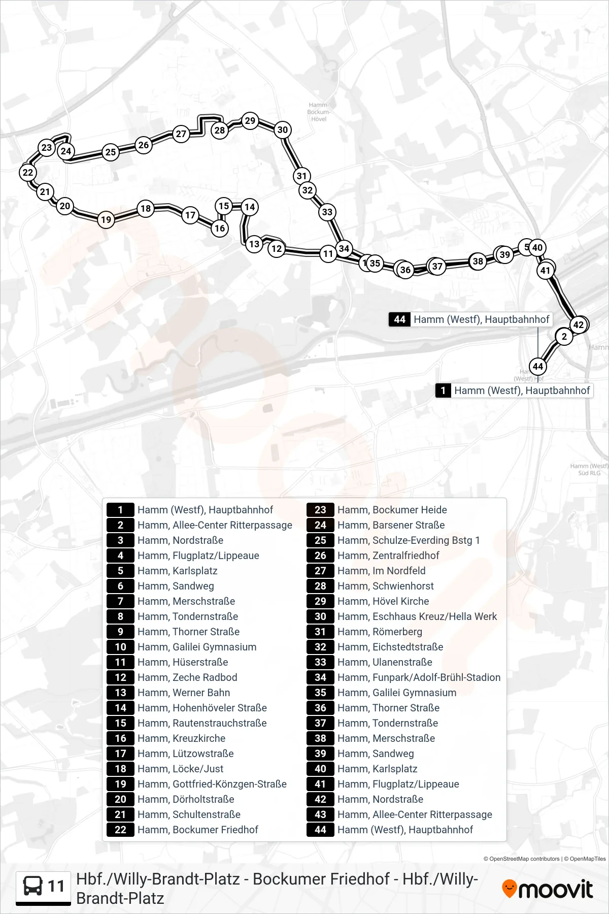 Linie 11 (Bus) Richtung Hamm (Westf), Hauptbahnhof: Route und Haltestellen auf der Karte