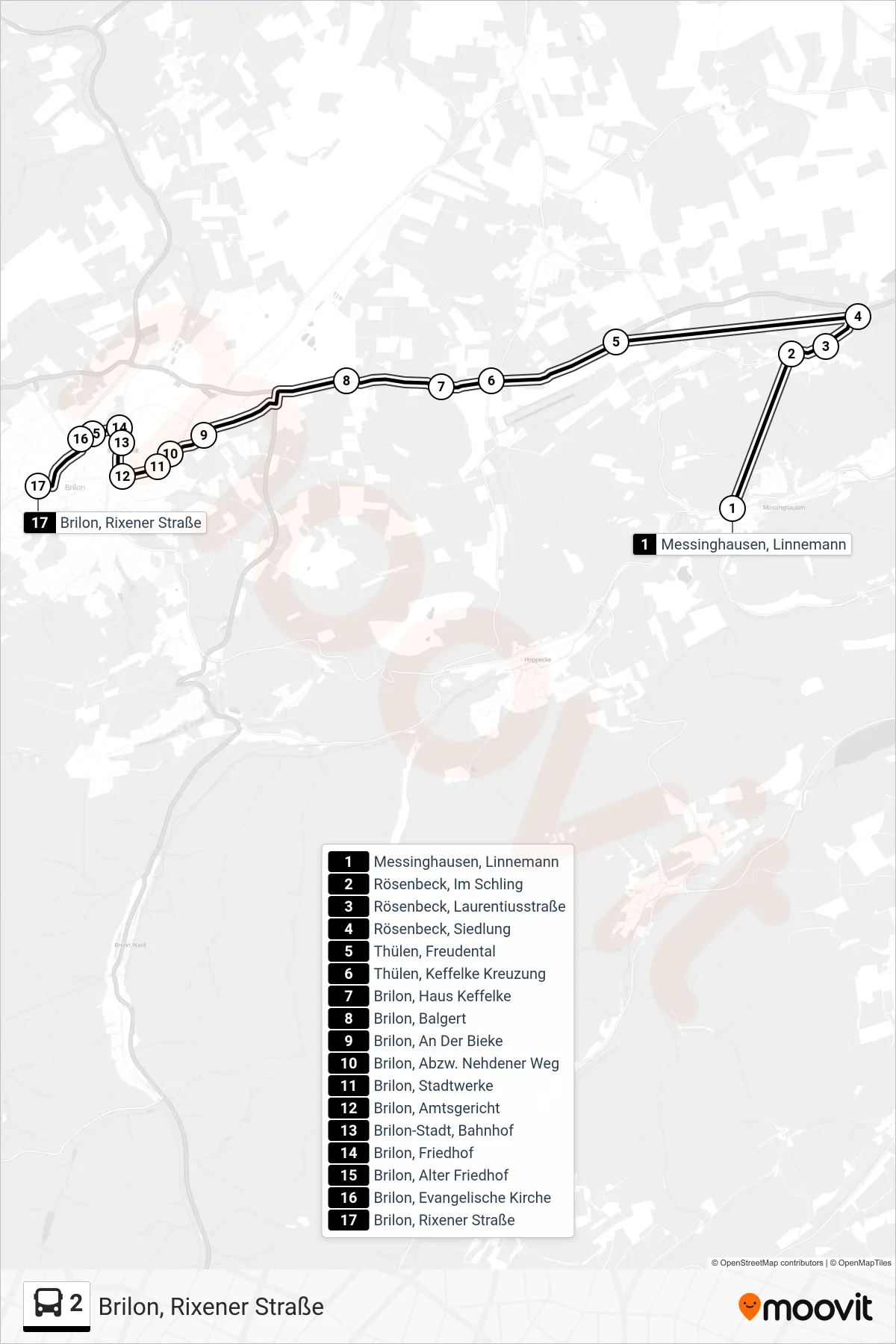 Linie 2 (Bus) Richtung Brilon, Rixener Straße: Route und Haltestellen auf der Karte