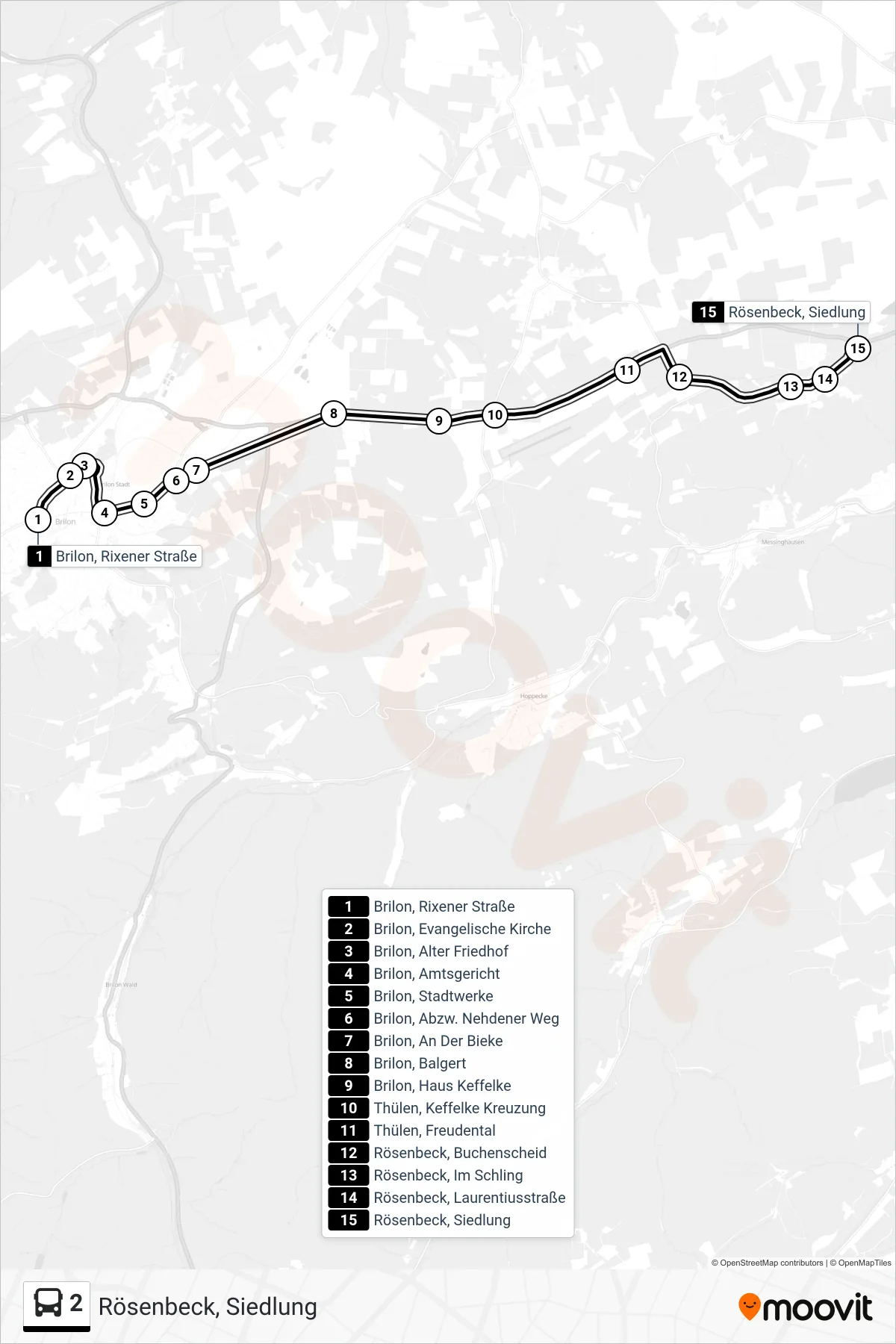 Linie 2 (Bus) Richtung Rösenbeck, Siedlung: Route und Haltestellen auf der Karte