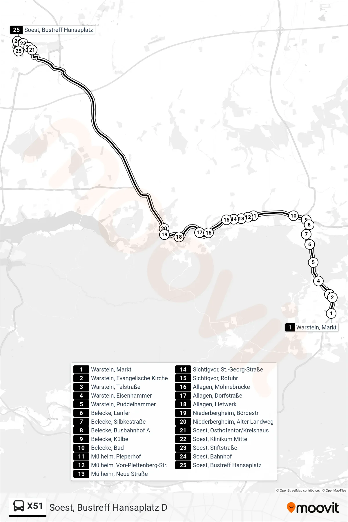 Linie X51 (Bus) Richtung Soest, Bustreff Hansaplatz D: Route und Haltestellen auf der Karte