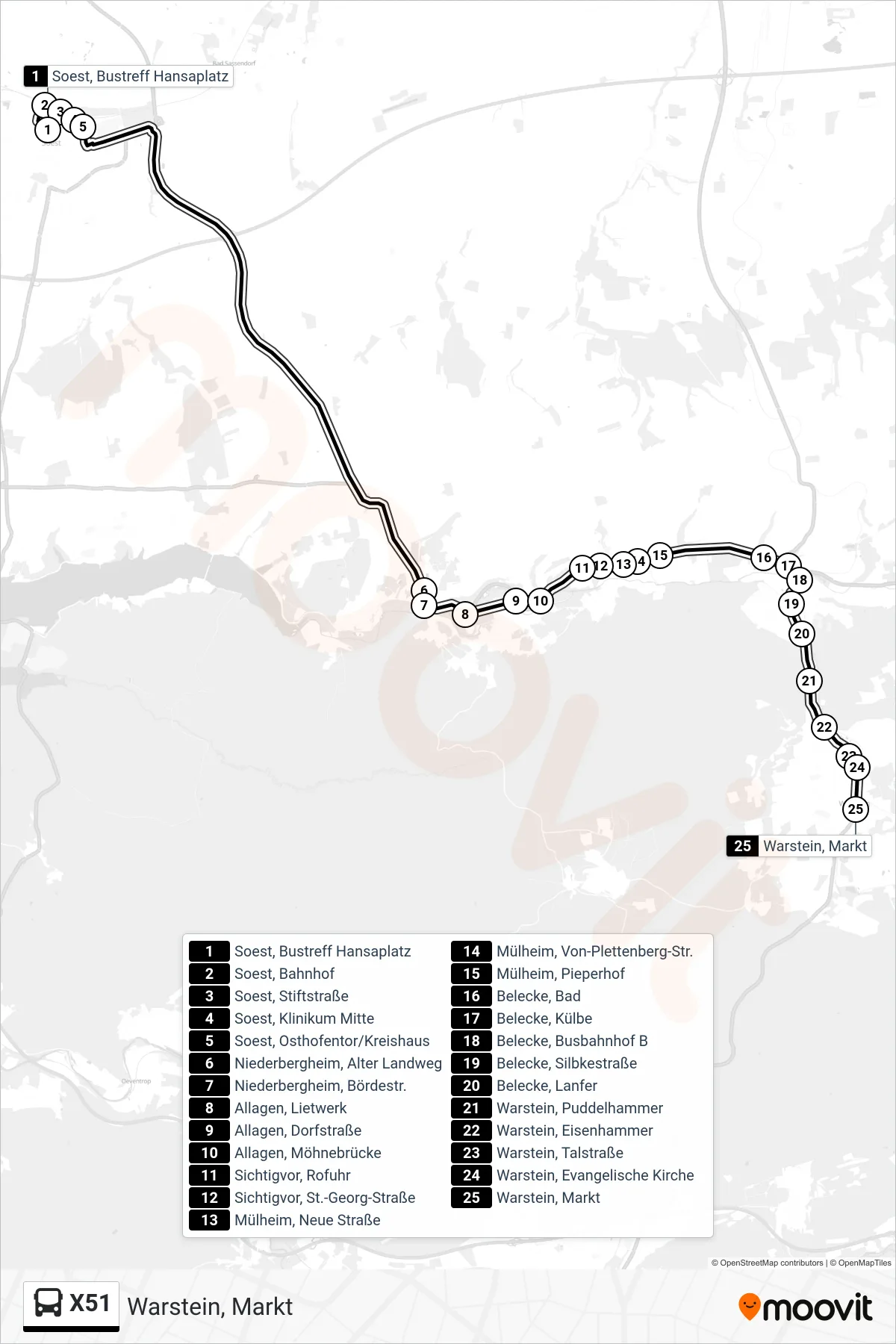 X51 bus Line (Warstein, Markt) route and stops on a map