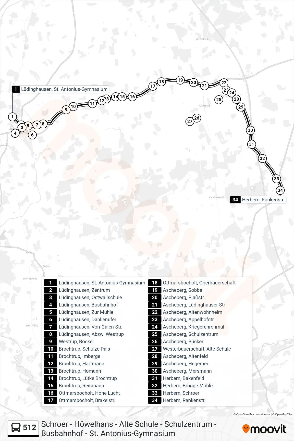 512 bus Line (Herbern, Rankenstr.) route and stops on a map