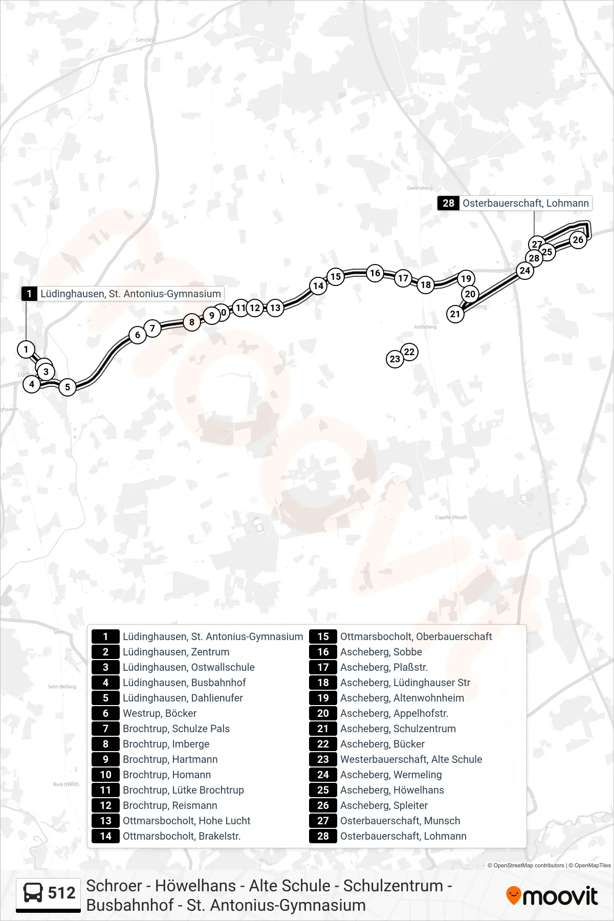512 bus Line (Osterbauerschaft, Lohmann) route and stops on a map