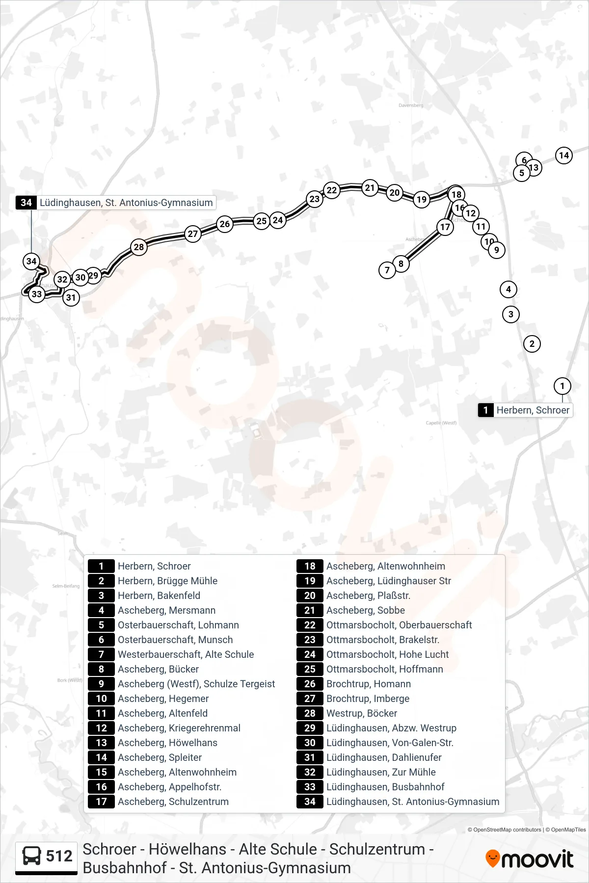 512 bus Line (Lüdinghausen, St. Antonius-Gymnasium) route and stops on a map