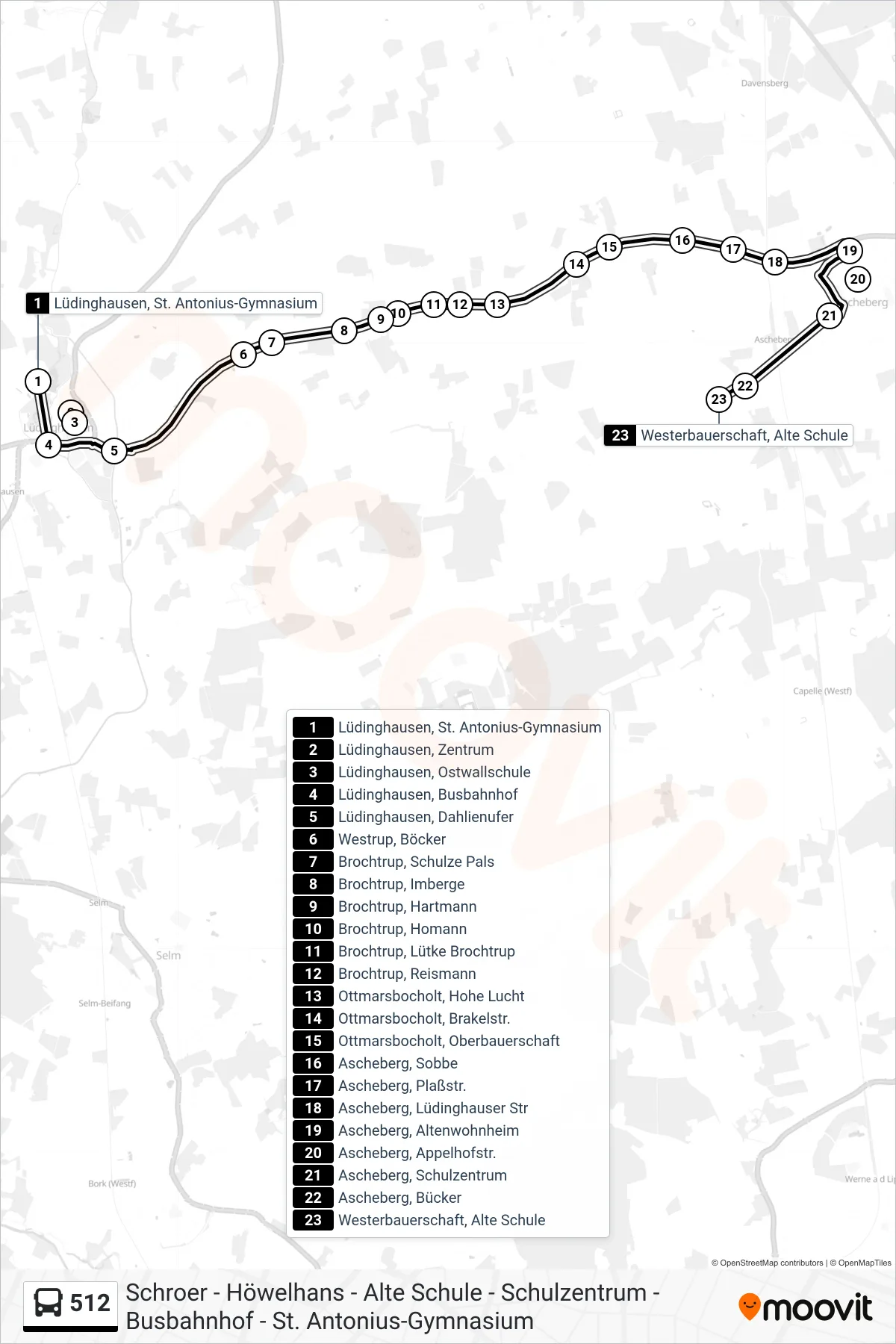 512 bus Line (Westerbauerschaft, Alte Schule) route and stops on a map