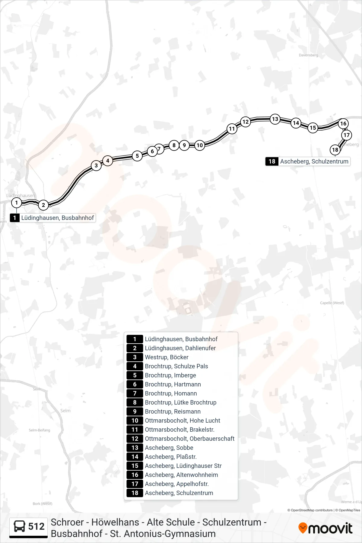 512 bus Line (Ascheberg, Schulzentrum) route and stops on a map