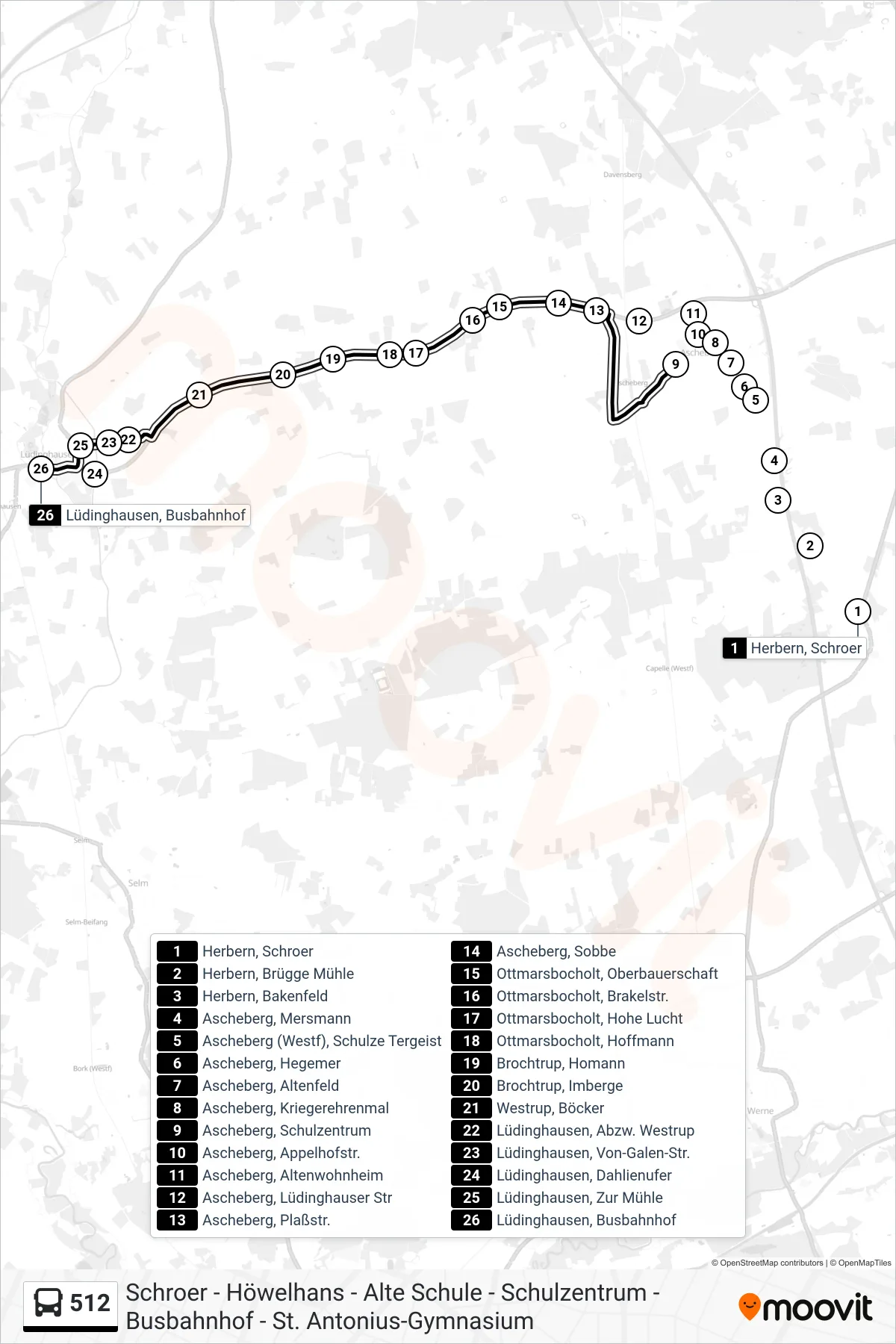 Linie 512 (Bus) Richtung Lüdinghausen, Busbahnhof C: Route und Haltestellen auf der Karte