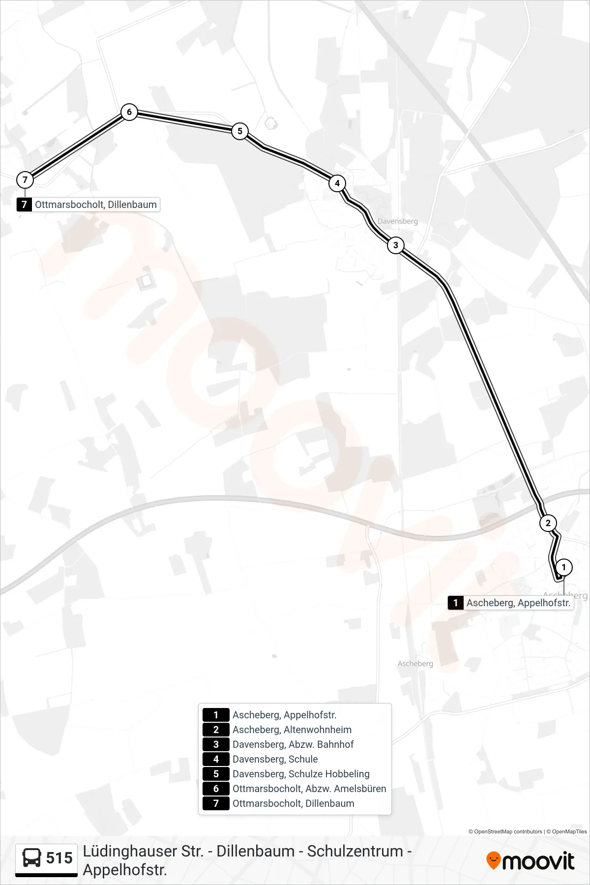 Linie 515 (Bus) Richtung Ottmarsbocholt, Dillenbaum: Route und Haltestellen auf der Karte