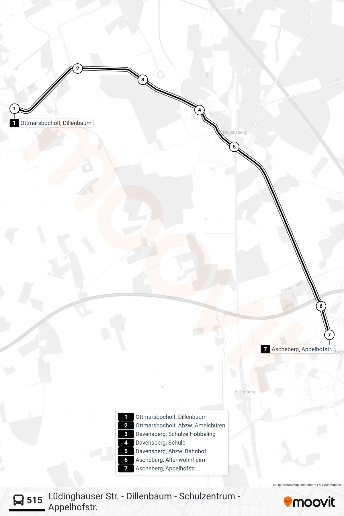 Linie 515 (Bus) Richtung Ascheberg, Appelhofstr.: Route und Haltestellen auf der Karte