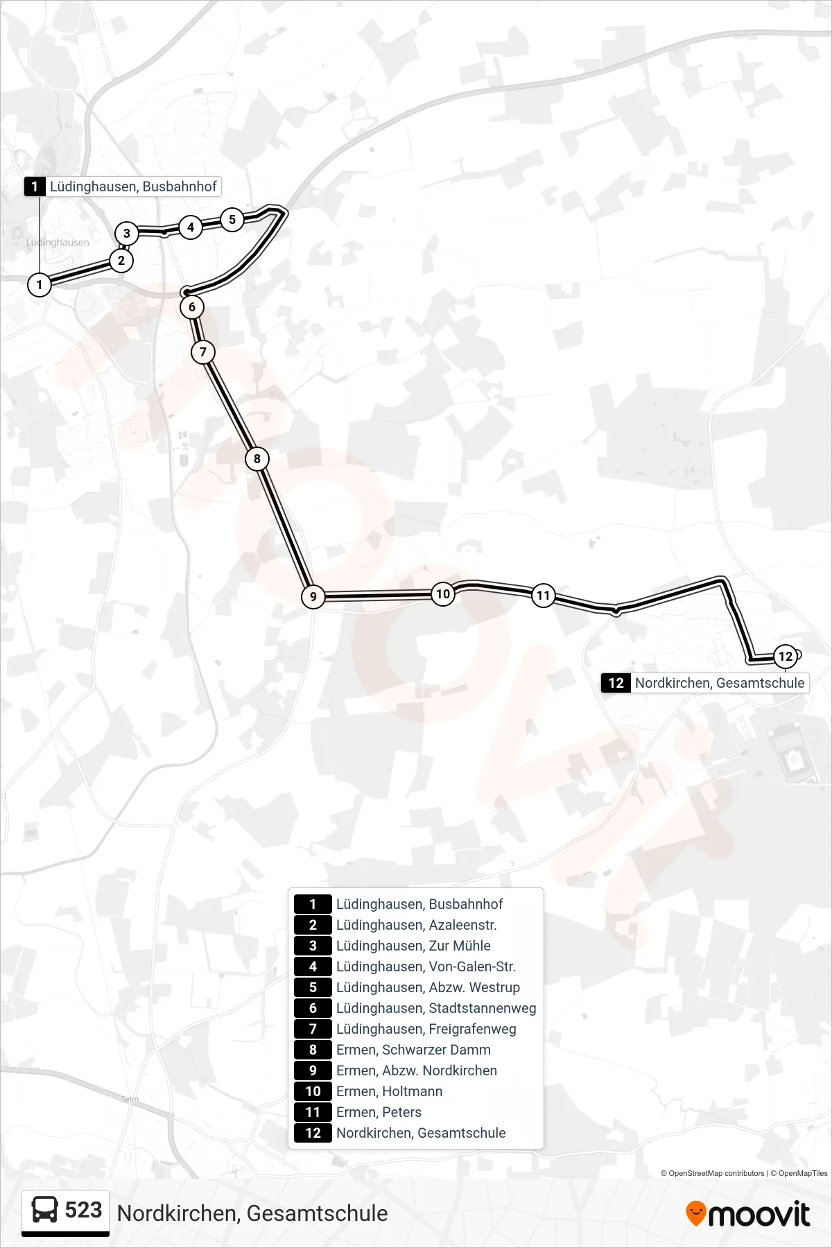 523 bus Line (Nordkirchen, Gesamtschule) route and stops on a map