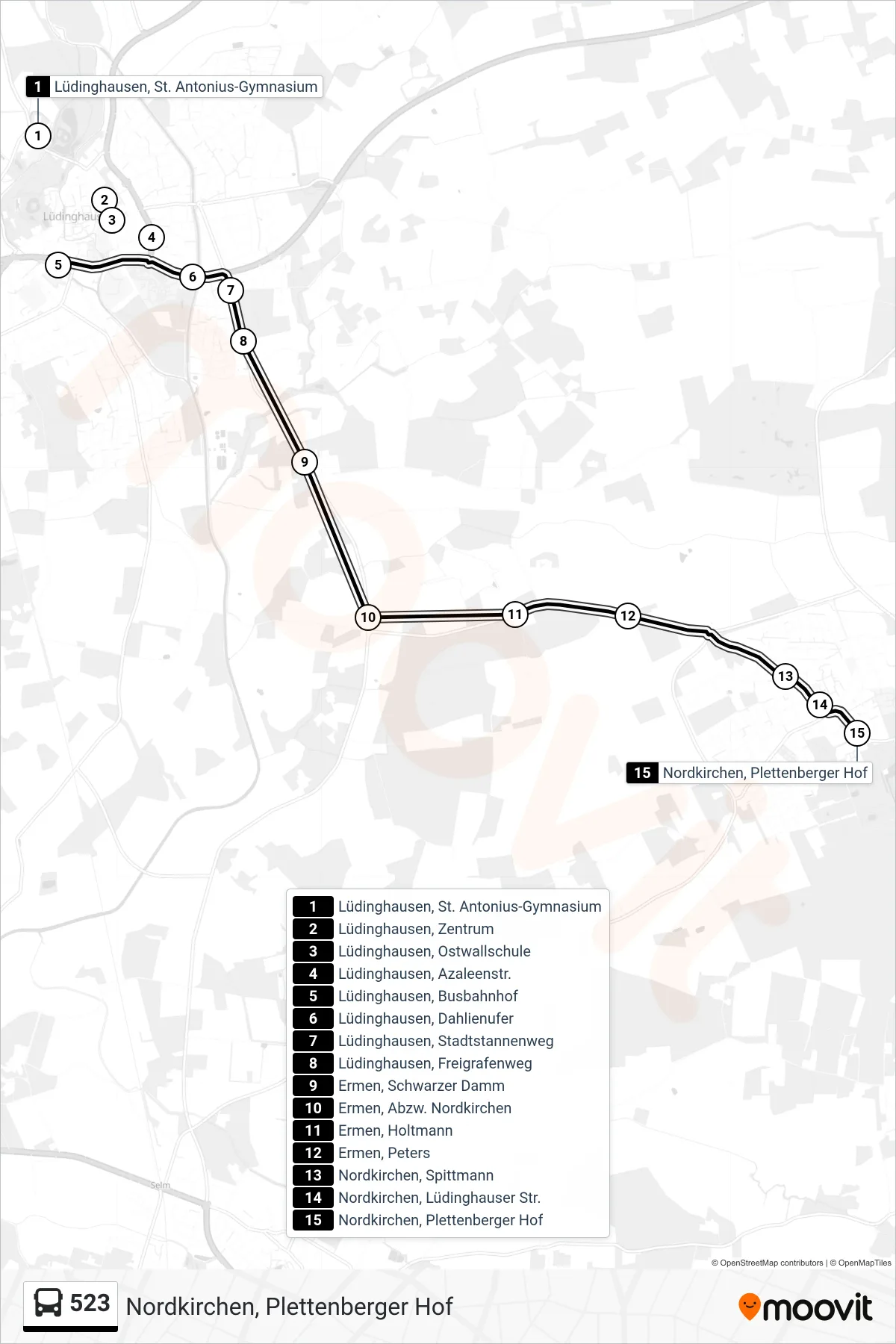 Linie 523 (Bus) Richtung Nordkirchen, Plettenberger Hof: Route und Haltestellen auf der Karte