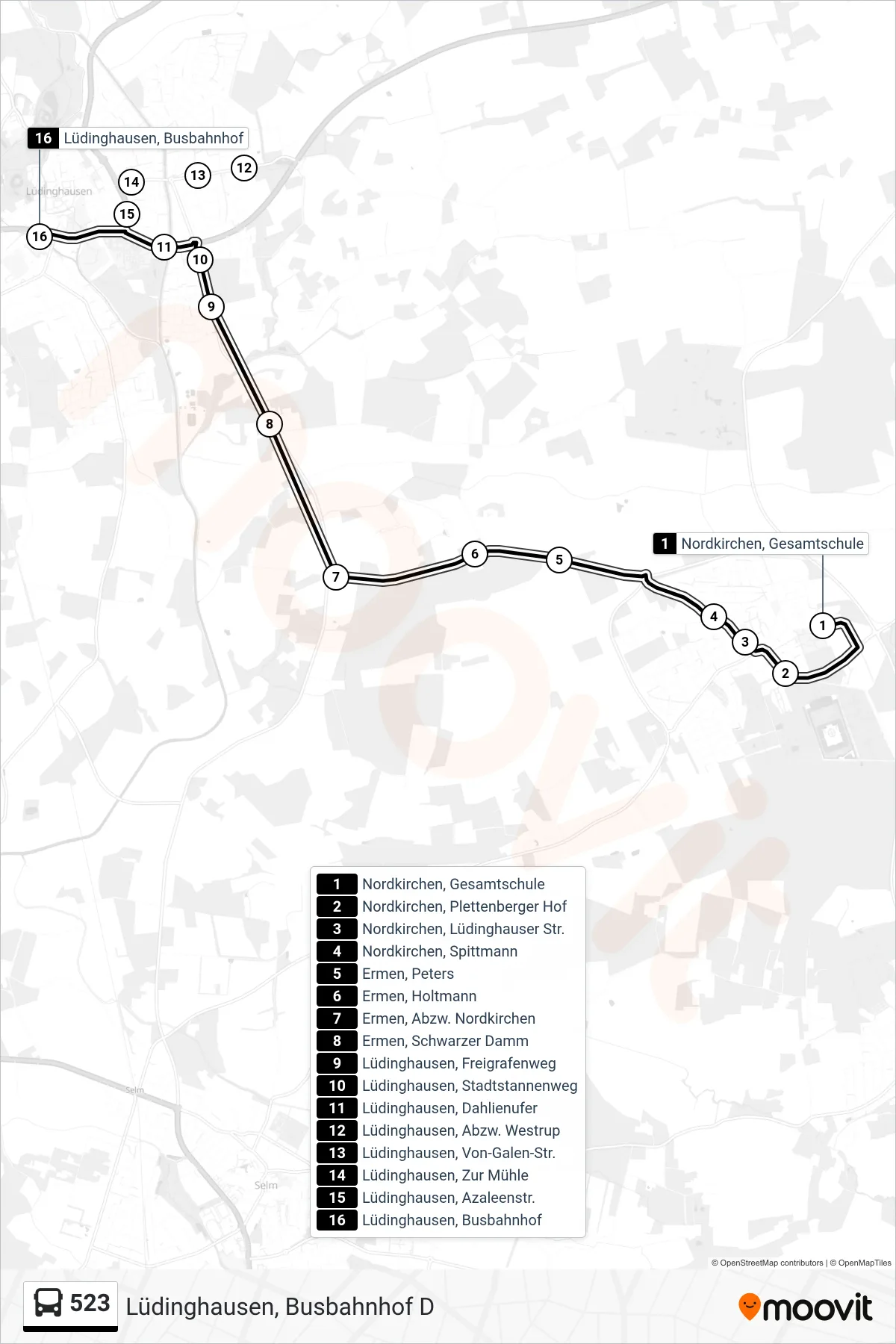 523 bus Line (Lüdinghausen, Busbahnhof D) route and stops on a map