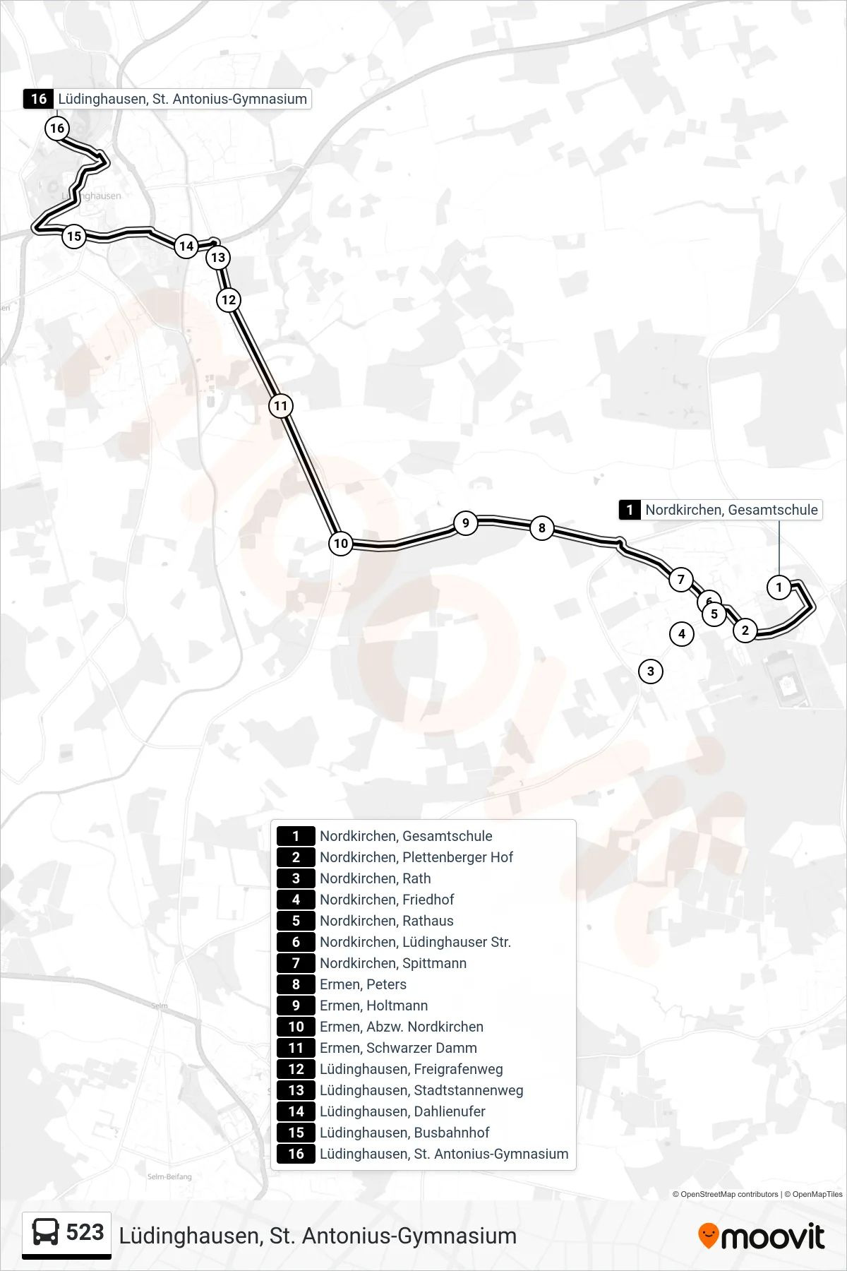 523 bus Line (Lüdinghausen, St. Antonius-Gymnasium) route and stops on a map