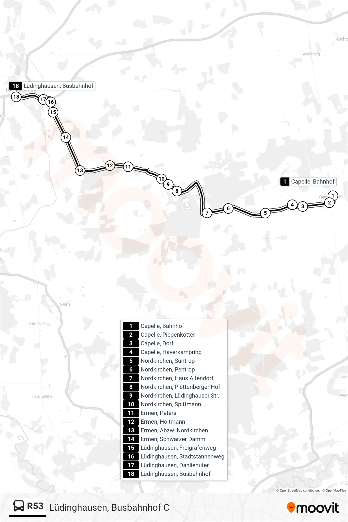 R53 bus Line (Lüdinghausen, Busbahnhof C) route and stops on a map