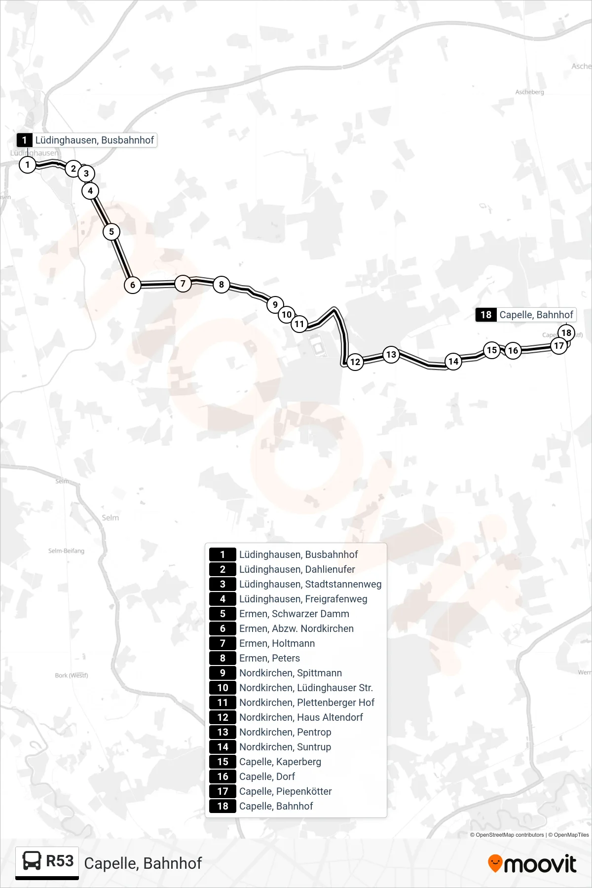 Linie R53 (Bus) Richtung Capelle, Bahnhof: Route und Haltestellen auf der Karte