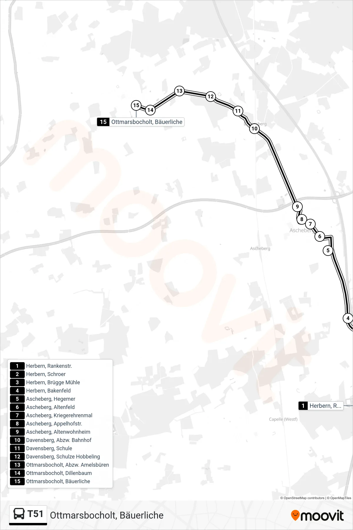 T51 bus Line (Ottmarsbocholt, Bäuerliche) route and stops on a map