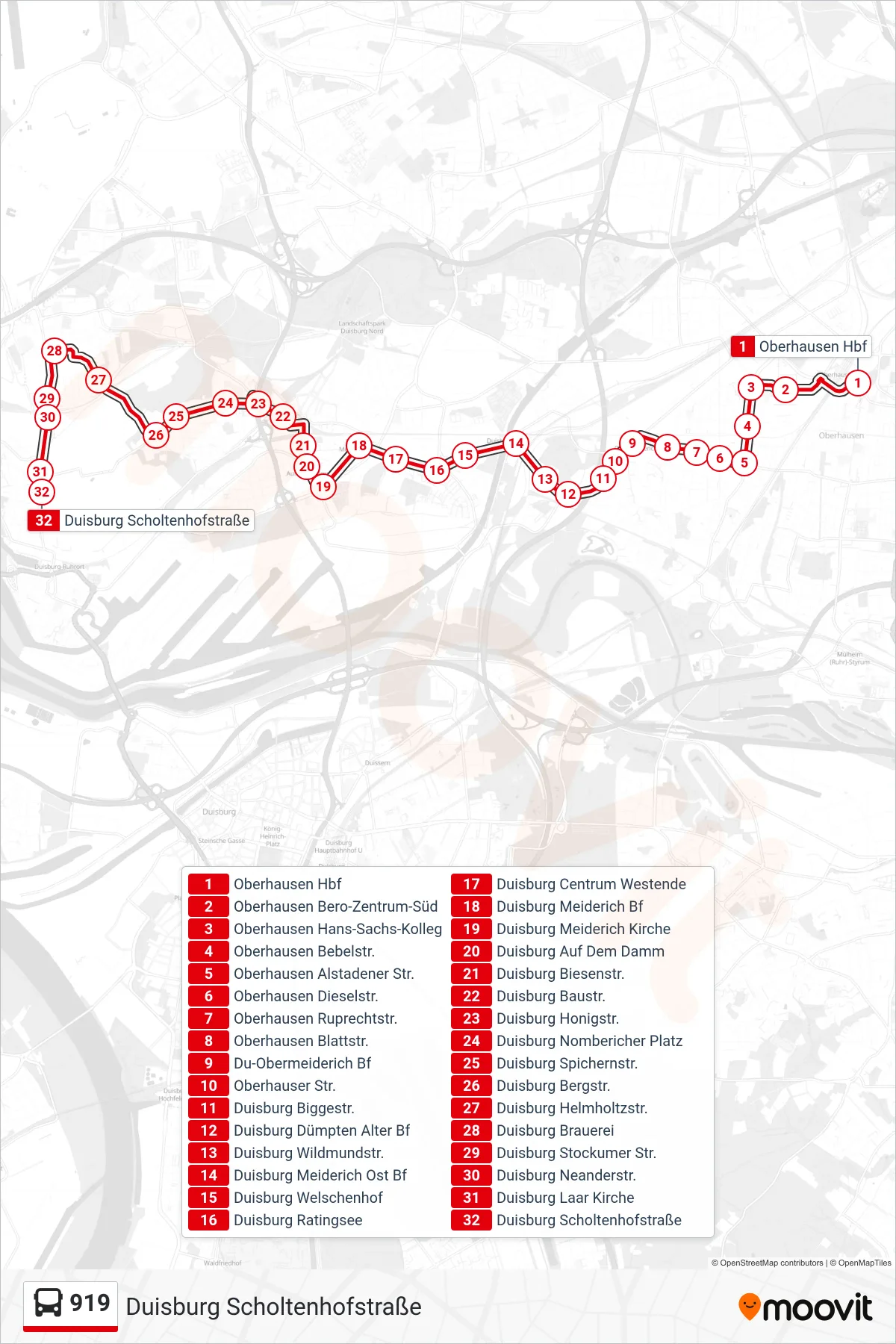 Linie 919 (Bus) Richtung Duisburg Scholtenhofstraße: Route und Haltestellen auf der Karte