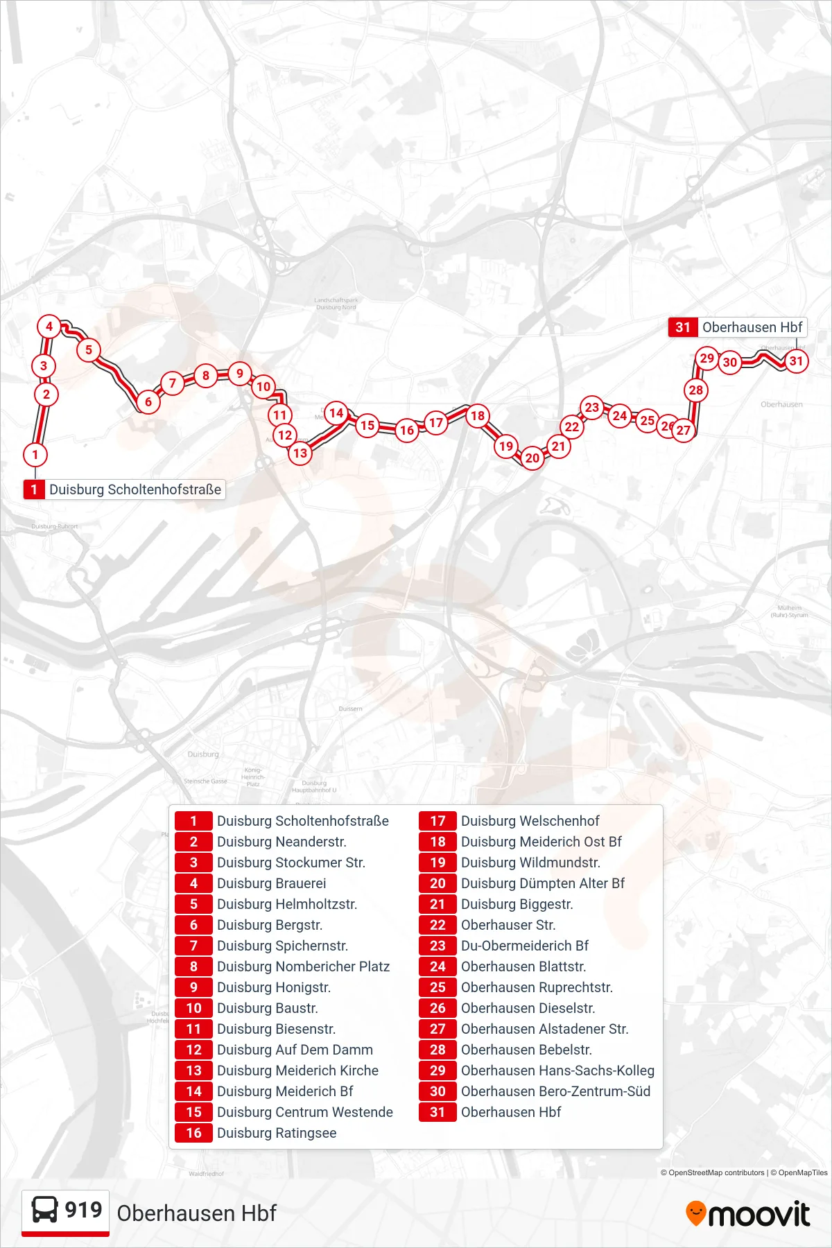 Linie 919 (Bus) Richtung Oberhausen Hbf: Route und Haltestellen auf der Karte
