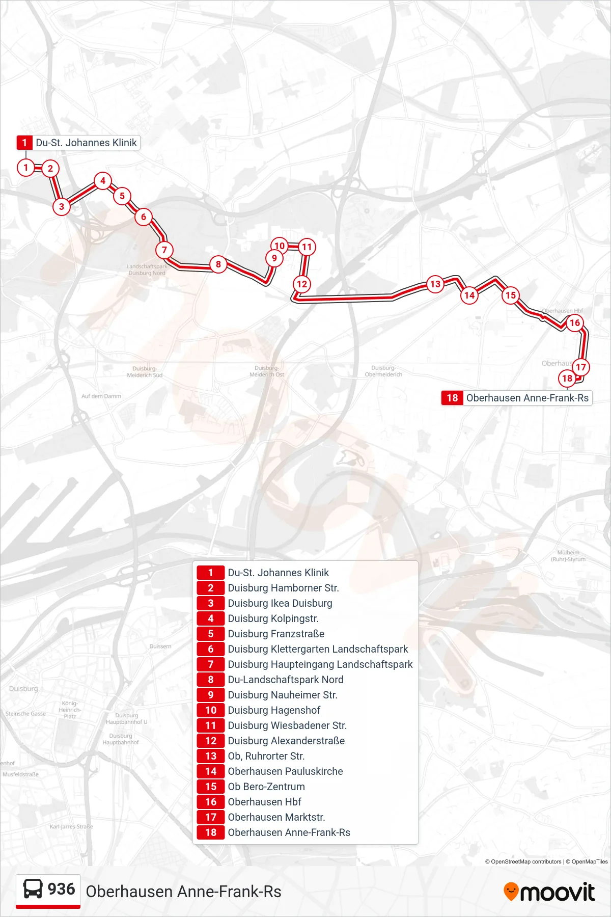 Linie 936 (Bus) Richtung Oberhausen Anne-Frank-Rs: Route und Haltestellen auf der Karte