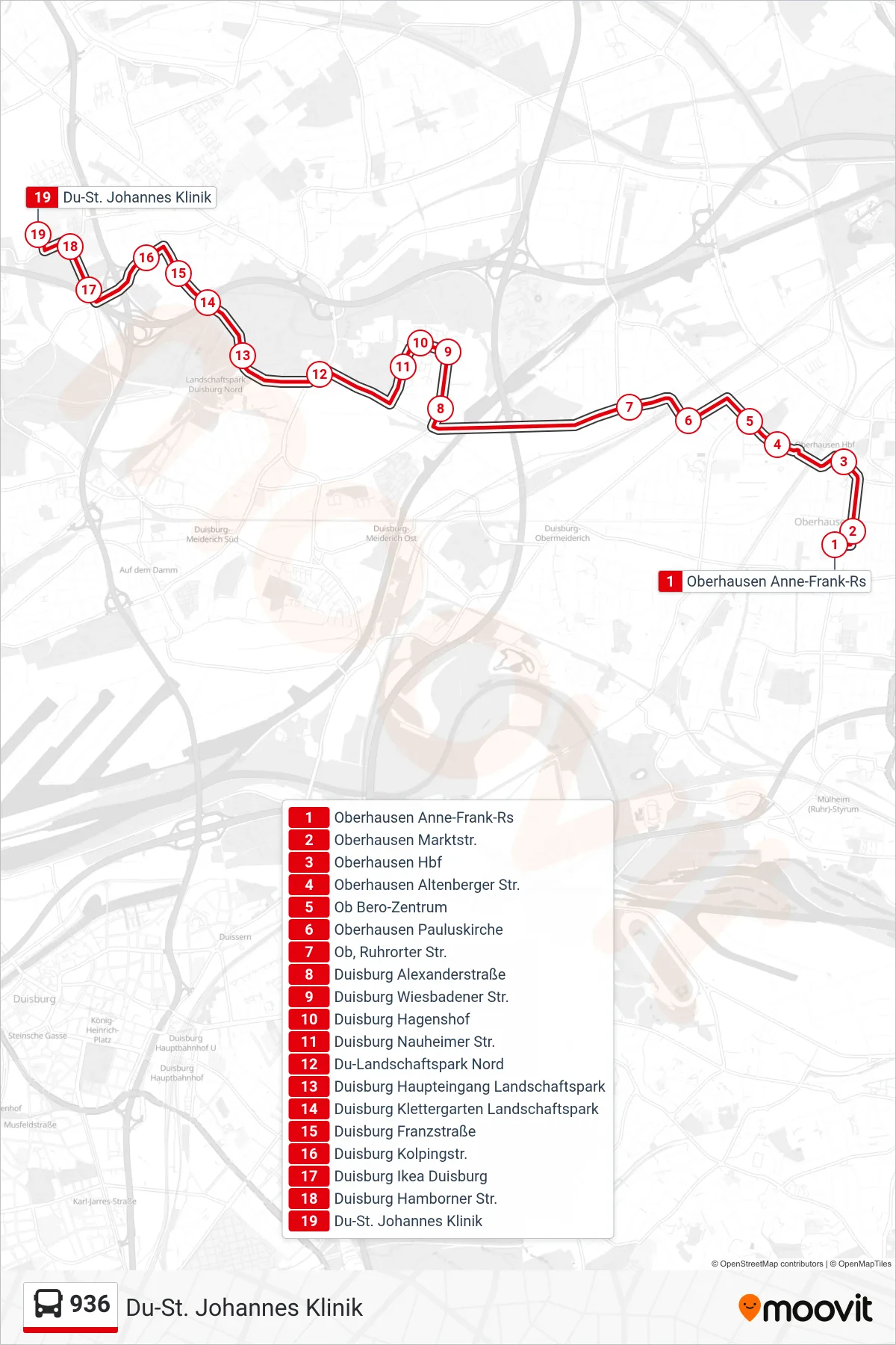 Linie 936 (Bus) Richtung Du-St. Johannes Klinik: Route und Haltestellen auf der Karte