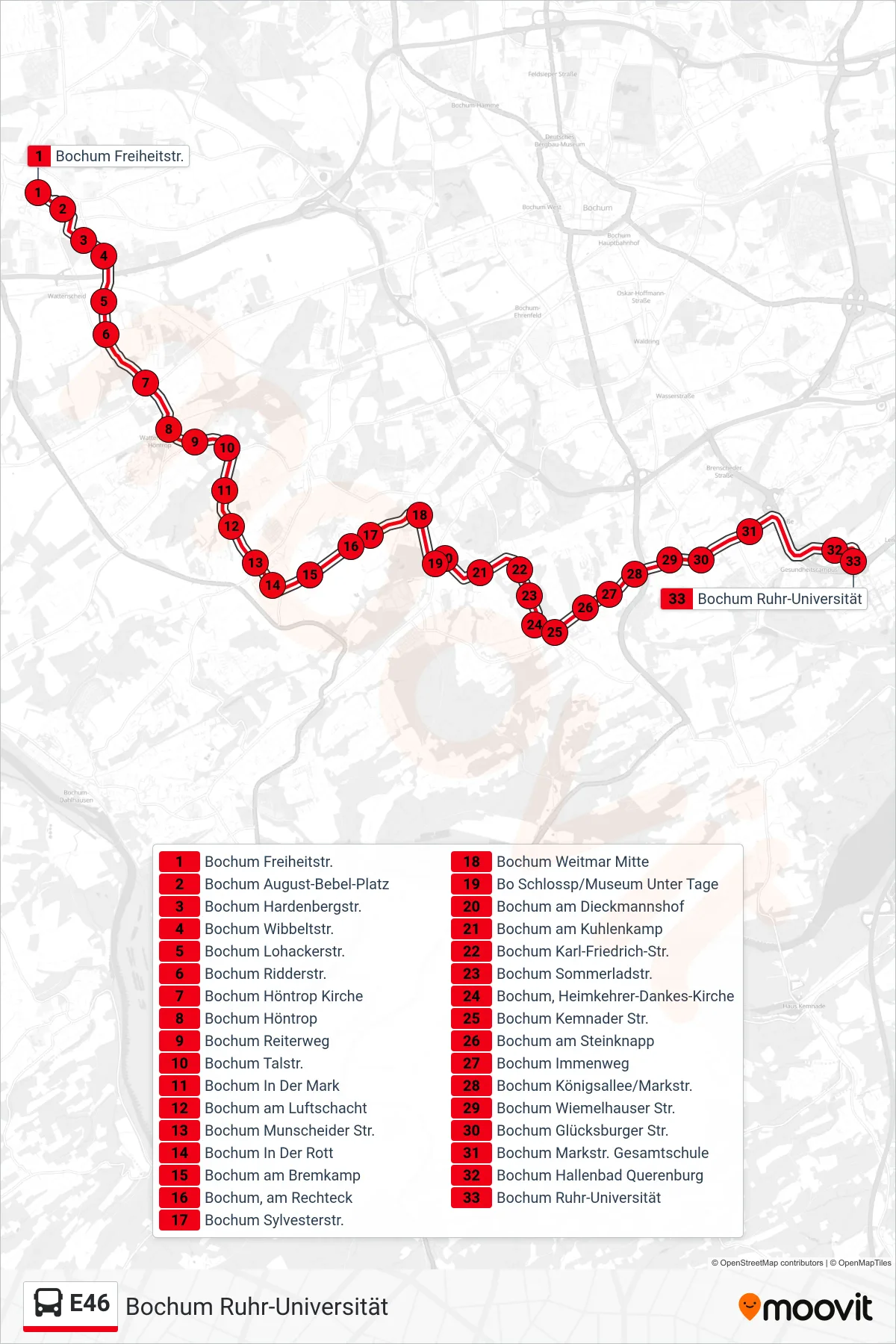 Linie E46 (Bus) Richtung Bochum Ruhr-Universität: Route und Haltestellen auf der Karte