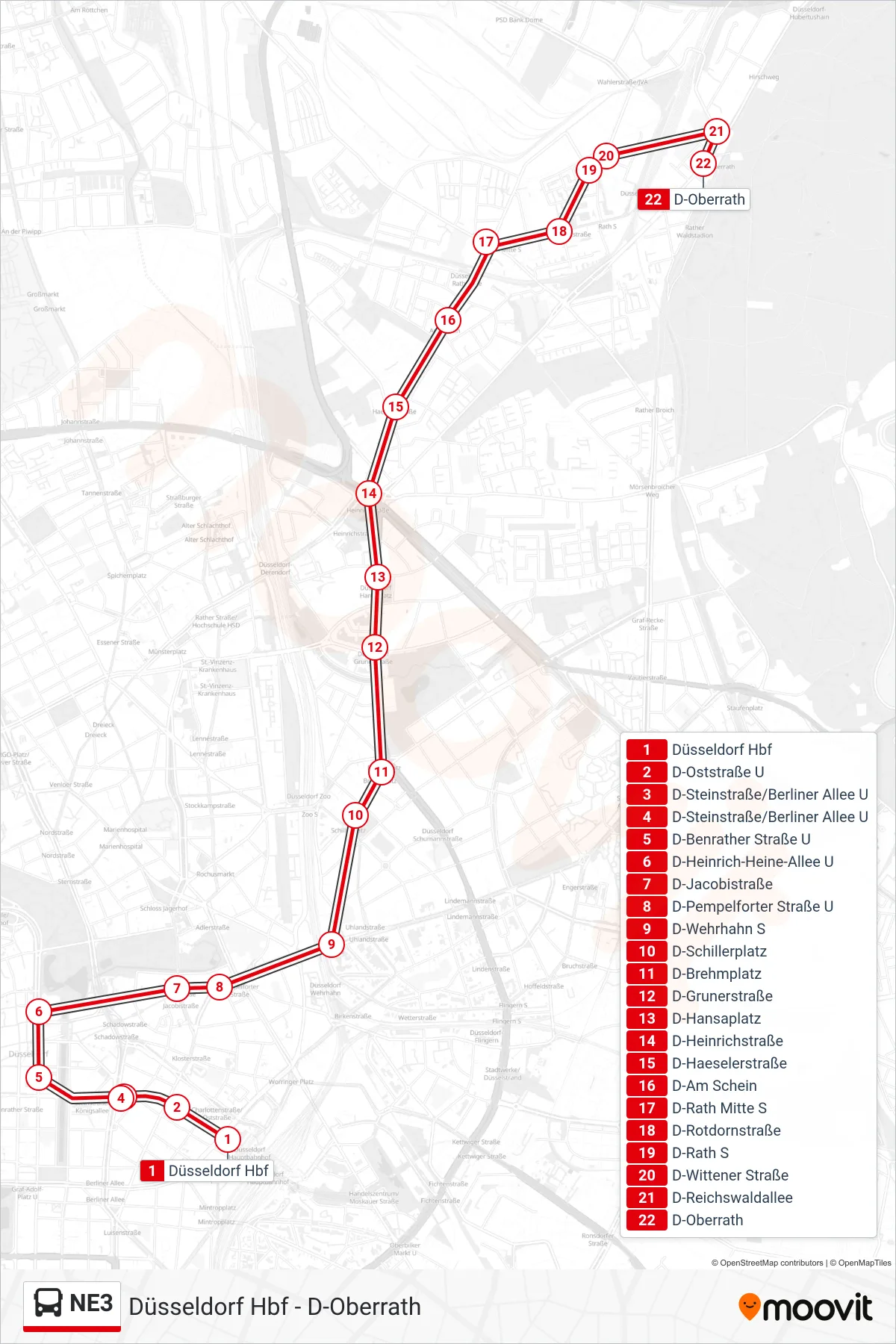 Linie NE3 (Bus) Richtung D-Oberrath: Route und Haltestellen auf der Karte