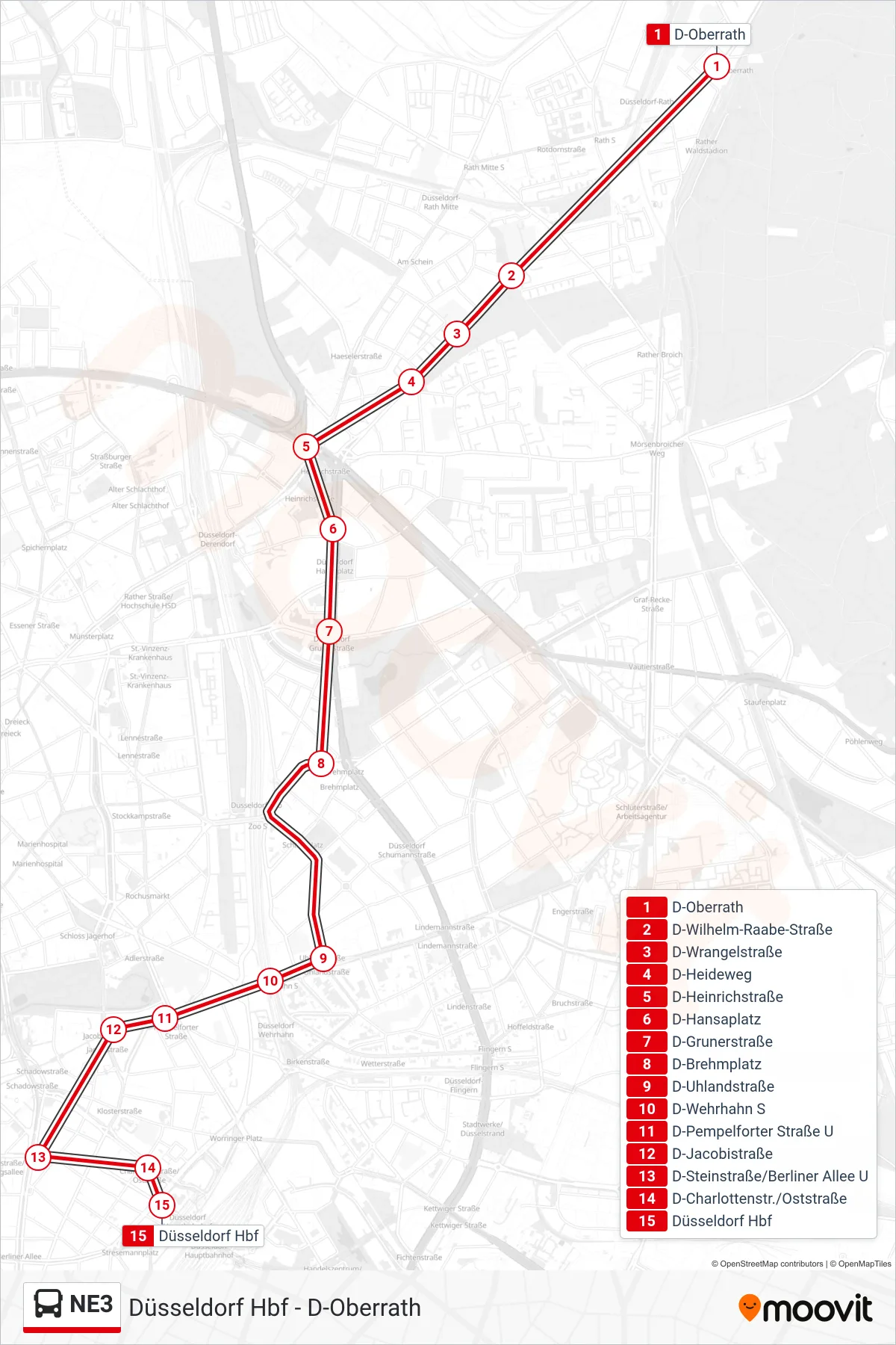 NE3 bus Line (Düsseldorf Hbf) route and stops on a map