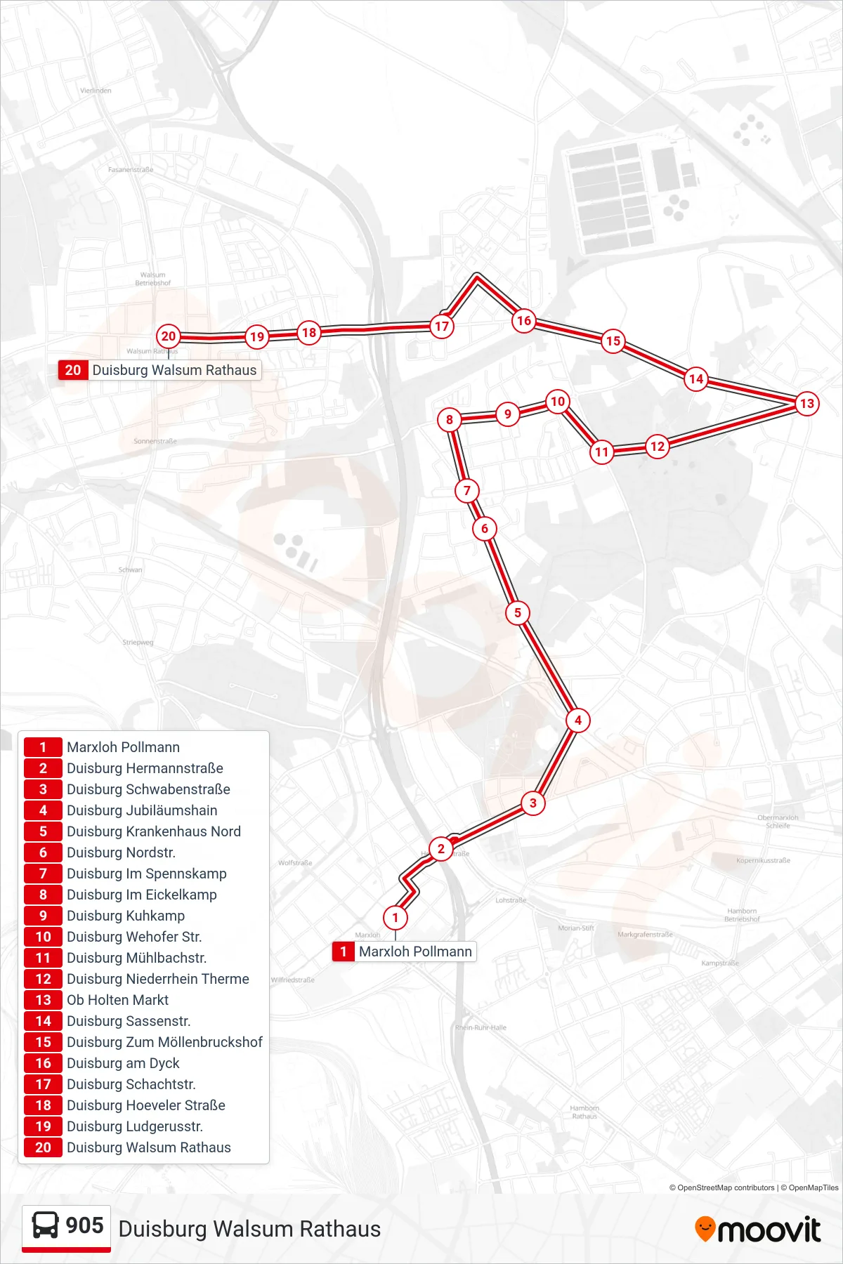 Linie 905 (Bus) Richtung Duisburg Walsum Rathaus: Route und Haltestellen auf der Karte